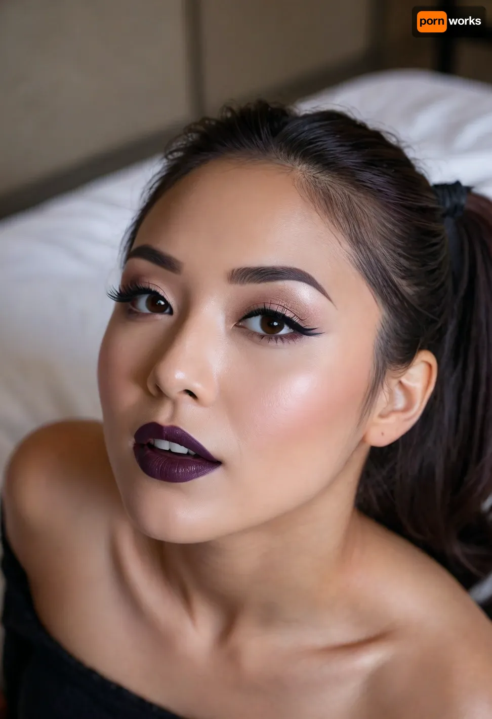 ecstatic beautiful asian woman with a dreamy expression, light eyes, (bold eyeliner), 1.3, hair tight ponytail, in her 20s, laying on her side, (indirect lighting), eye contact, 8k, mouth open, black lipstick, <lora:cockteaseLoRASDXL:1>