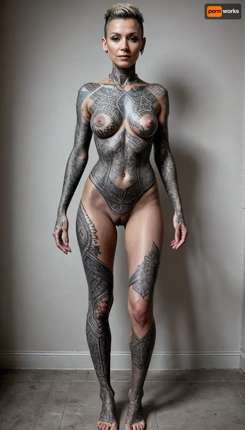 the most exotic lascivious ultraslim naked 46 years old woman with a face of Unconventional beauty, mixed north-european-russian race, slim tall elegant mohawk androgynous, pointy big perky tits, artifical tan glowing skin, Barefoot, waist-chain, stacked anklets, strinking a pose, dark bold blocky geometrical full sleeve tattoo, dark bold blocky geometrical full sleeve leg tattoo, <lora:DarTataBodGPlus:.8>