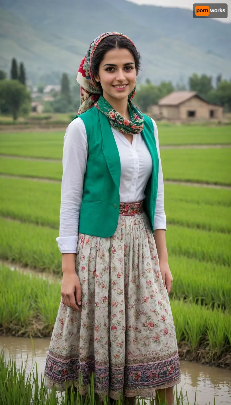 A beautiful young Iranian woman in the rice paddies of Rasht, Iran, during spring. She is wearing elegant, clean, and colorful traditional Gilaki attire, a fitted embroidered vest over a flowing white blouse, a vibrant floral skirt, and a delicately patterned silk scarf loosely draped over her hair. Her look is graceful and welcoming. She stands barefoot in the shallow water, gently placing rice seedlings, with a warm smile. The scene is lush and vibrant — bright green rice fields, misty Alborz mountains in the distance, soft sunlight glowing through light clouds. The image is cinematic, culturally rich, inviting, perfect for tourism promotion.