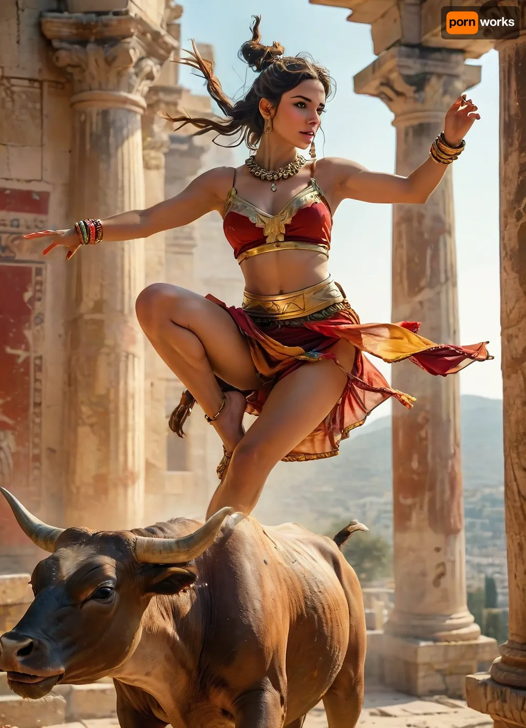 Rating_explicit, score_9, score_8_up, score_7_up, (masterpiece, ultra-detailed, erotic glamour), a dramatic scene of an ancient Minoan bull-leaping ritual, a young athletic woman mid-air flipping over a charging bull, wearing a colorful flowing Minoan outfit with gold jewelry, dynamic movement, ancient Crete palace in the background, vibrant fresco-style colors, muscular bull with motion blur, dust and sunlight in the air, detailed ancient architecture, cinematic composition, historical fantasy style, 4k, highly detailed, masterpiece, 4ng3l, <lora:MJ52:.8>, <lora:SDXL_BetterFaces-LoRA_v1:.8> Rating_explicit, score_9, score_8_up, score_7_up, (masterpiece, ultra-detailed, erotic glamour), a dramatic scene of an ancient Minoan bull-leaping ritual, a young athletic woman mid-air flipping over a charging bull, wearing a colorful flowing Minoan outfit with gold jewelry, dynamic movement, ancient Crete palace in the background, vibrant fresco-style colors, muscular bull with motion blur, dust and sunlight in the air, detailed ancient architecture, cinematic composition, historical fantasy style, 4k, highly detailed, masterpiece, 4ng3l, <lora:MJ52:.8>, <lora:SDXL_BetterFaces-LoRA_v1:.8>