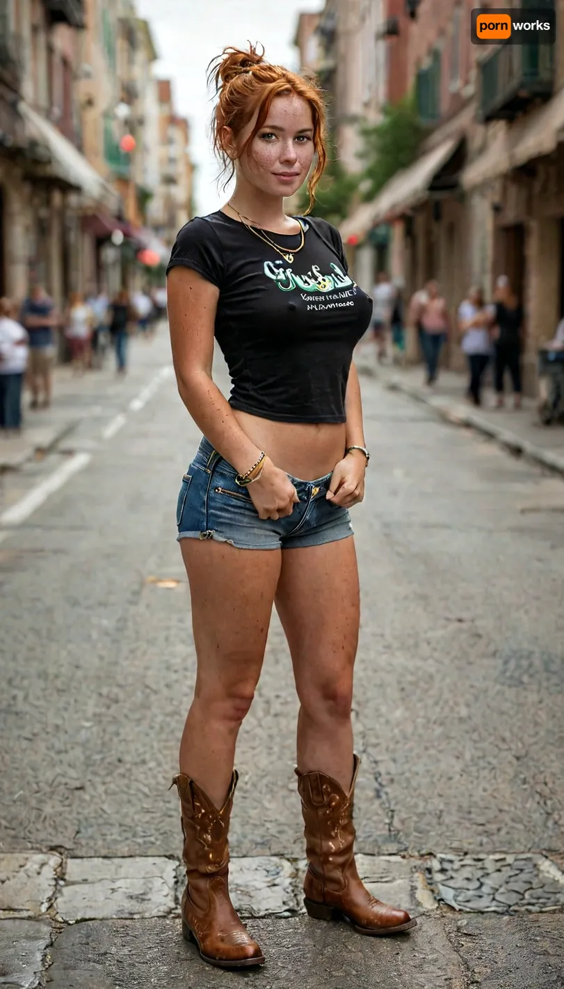 Create an amazing masterpiece photo of an incredibly cute pixie-ish gorgeous sexy 19-year-old redheaded coed woman standing on a crowded sidewalk in downtown San Antonio. She has short red hair in a French updo and wears gold earrings and a gold necklace with a pendant and several gold bracelets on one wrist. She is wearing a tight black t-shirt with a graphic print and cut-off brown denim shorts and cowboy boots. She is slender with very large firm natural breasts and tan lines and lots of freckles., (large breasts:1.2), (freckled:1.3), Light makeup, beautiful flirty confident smile, luminous bright green eyes, show full body including boots, lots of detail, score_9, freckles, luisap, birth, mark, braless, Wearing, clothes, that, make, sense, with, Braless>, green, eyes, perfecteyes, <lora:MJ52:1>, <lora:LPFRECKLES_lora:.8>, <lora:bralessSDXL_v1_00022:.2>, <lora:PerfectEyesXL:.6>