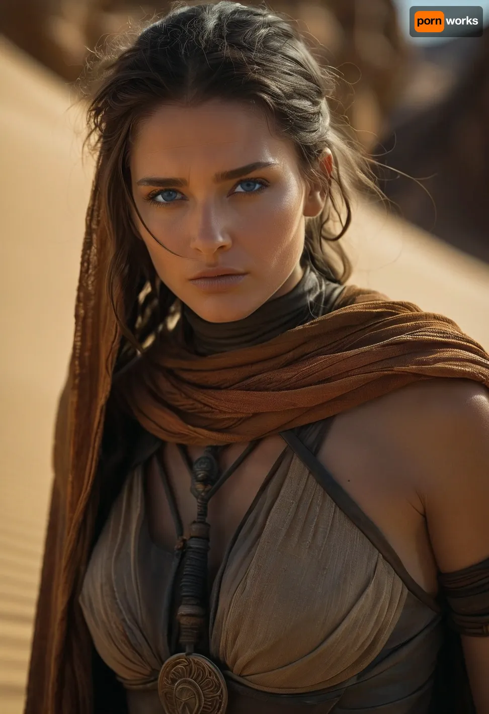 She stood like a shadow woven from desert storms, slender, poised, and radiating a quiet intensity born of survival and conviction. Her eyes, fully blue with the spice of Arrakis, shimmered with the fierce clarity of one who has seen both death and prophecy. Framed by the dark folds of her stillsuit, her face was both striking and severe, angular cheekbones kissed by the harsh sun, lips set in a line that could soften or sharpen with a single thought.

Her hair, long and dark as the deep desert night, was braided in the traditional Fremen style, adorned with tiny rings etched with sietch symbols—marks of victories, lineage, and solemn oaths. She bore a crysknife at her hip, carved from the tooth of a sandworm, and she moved with the silent precision of someone who had danced across dunes since childhood.

Though young, perhaps only in her early twenties, there was an ancient resolve in her bearing. She had killed and grieved and led raids beneath twin moons. Yet in rare, unguarded moments, her laughter, like water found in the desert, hinted at a soul not yet hardened by war, still capable of dreams beyond the sand.

She was a daughter of the sietch, a sister of the sand, and a warrior of Arrakis—beautiful not despite the desert, but because of it.
realistic detailed face, realistic detailed hair, realistic detailed body, realistic detailed skin, realistic detailed breasts, random view angle, action pose, detailxl, nosetril, plug, blue, eyes, cloak, <lora:add-detail-xl:1.5>, <lora:style_lora_realis:.5>, <lora:Dune1024:1>