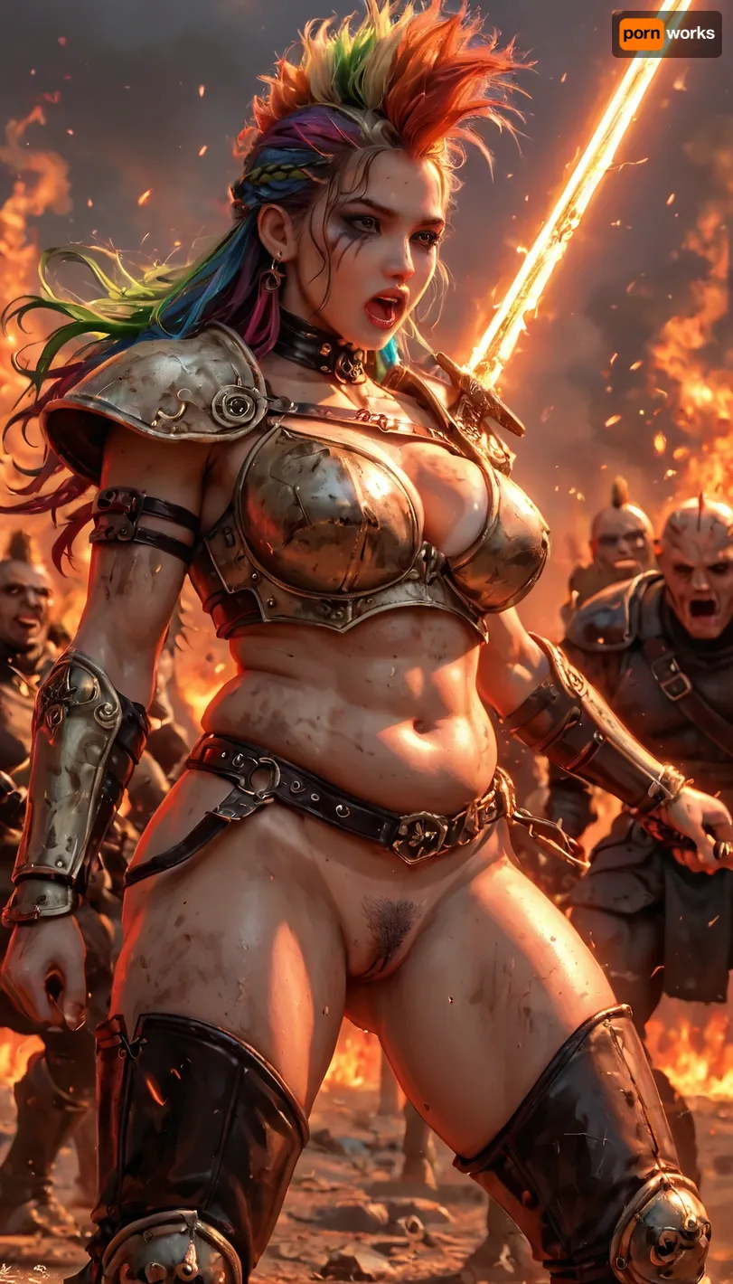 hdr, dtm, full ha, masterpiece, 8k, beautiful, highly detailed, cinematic, dynamic angle, ultra detailed graphic tension, dynamic poses, stunning colors, cinematic lighting effects, super vista, 1 25 yo chubby Amazon, rainbow hair, mohawk hairstyle, long elve ears, tan lines, excessive long hair, wild hair, big firm breast, perfect colorfull kawaii makeup, pink glossy lipstick, leather body armor, leather arm armor, leather leg armor, leather crotch armor, very dirty skin, swords in her hands, fighting pose, stabbing enemies, pubic hair, focus on crotch, wild sex orgy, battlefield, battle scream, yelling, dead and mutilated bodys all around, fire all around, fresh fighting marks all over her body, fresh whipping marks, Dual, Swords, <lora:XL_Weapon_Dual_Swords_-_By_HailoKnight:1.5>, <lora:454069_training_data:2>