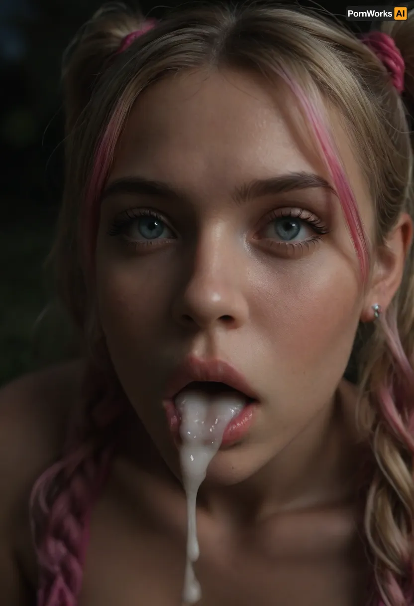 Close up of tits, huge round tits, huge perky tits, huge firm tits, tits are covered in excessive cum, Juliet Starling, blonde pigtails with pink highlights at the ends, mouth open, oral creampie, outdoors at night, <lora:dark:.8>, <lora:SDXLHighDetail_v6-000005:.8>