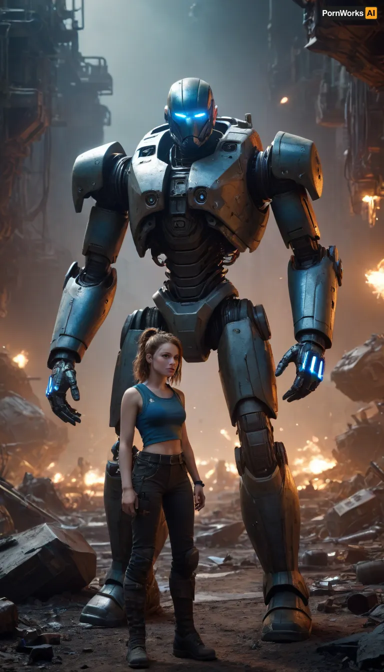 "A dimly lit futuristic scrapyard on a distant asteroid, filled with piles of rusted spaceship parts and broken robots. In the center, a human mechanic — rugged and focused — carefully examines a partially buried, sleek female battle cyborg with glowing iridescent blue eyes, delicate yet armored, as sparks and holographic repair tools float around them. The scene blends gritty sci-fi realism with a hopeful, transformative atmosphere."