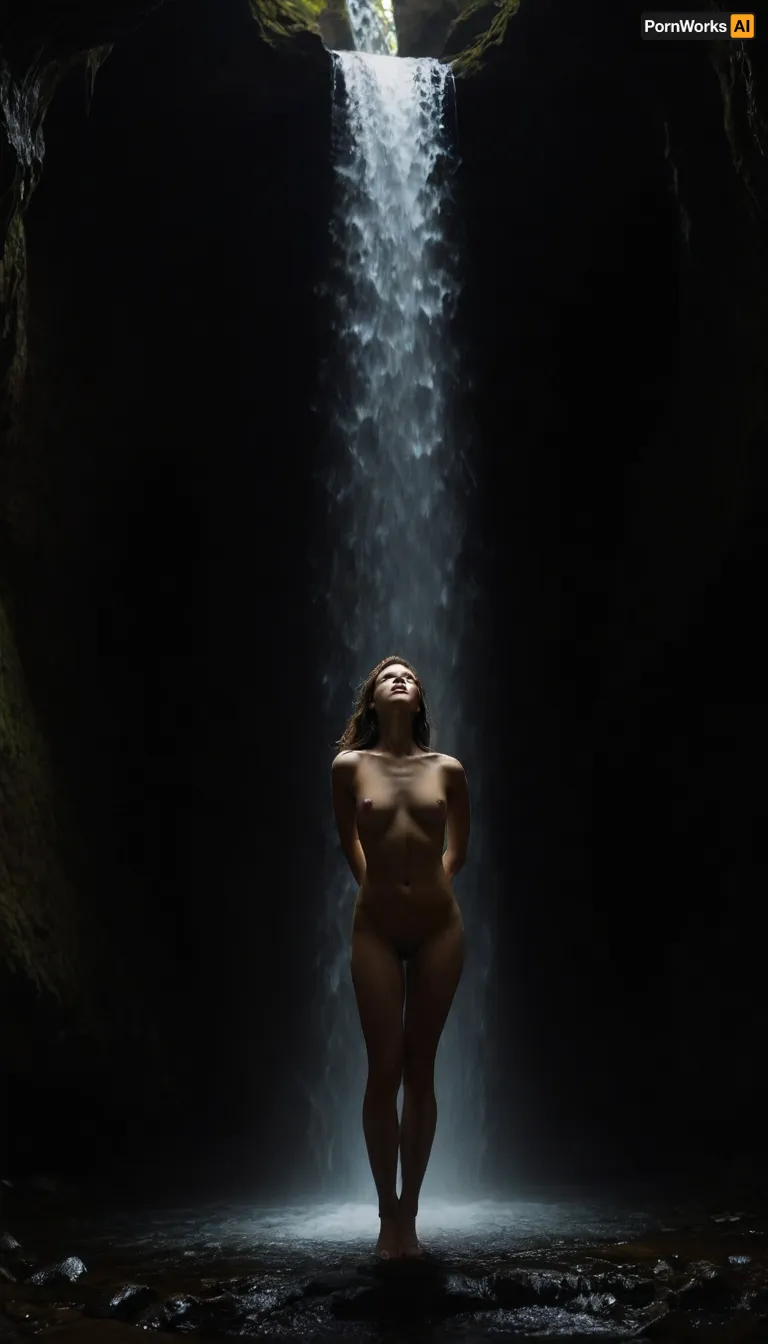 "A nude figure stands under a cascading waterfall in a dimly lit cave. The water streams down, partially obscuring the body, but leaving the silhouette defined in sharp contrast. The motion of the falling water blurs, creating a sense of dynamic energy, while the soft lighting emphasizes the sensual curves of the model's form. The atmosphere is mysterious and cinematic, with the dark, raw environment amplifying both vulnerability and strength."