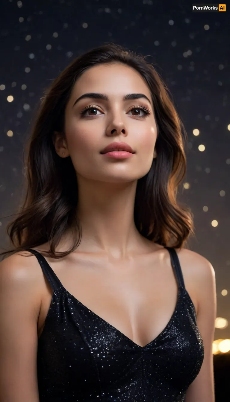 A serene woman with dark hair and warm, golden-brown skin gazing upwards, her eyes fixed on a majestic starry night sky, with a deep black background that fades into the darkness, allowing the twinkling stars to shine brightly, like diamonds scattered across the velvet expanse, her facial features soft and peaceful, with a subtle, enigmatic smile playing on her lips, her eyebrows slightly furrowed in contemplation, as if lost in the vastness of the universe, her slender neck and elegant shoulders relaxed, with a faint, shimmering glow on her skin, as if reflecting the starlight, creating an atmosphere of calmness and wonder.