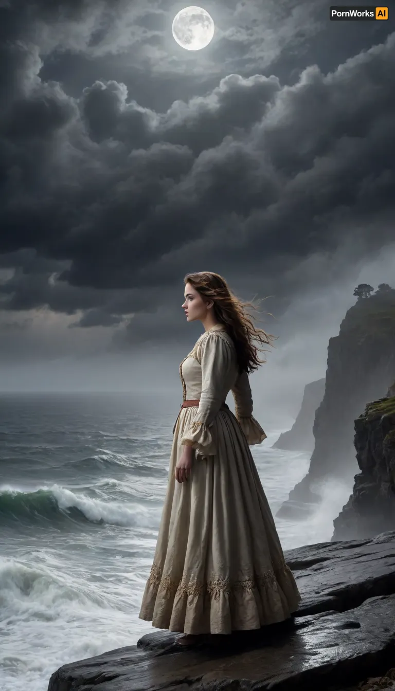 A woman in 17th-century attire stands at the edge of a rocky cliff during a fierce night storm, shrouded in thick mist. Her figure is half-hidden in the swirling fog, her coat billowing as the wind howls. The ocean below is a tumultuous sea of crashing waves, illuminated by flashes of lightning. Above, the moon breaks through the clouds, casting ghostly beams of light that dance and flicker, creating eerie shadows that stretch across the foggy landscape. The woman gazes into the distance, her eyes fixed on an unseen light piercing the storm. The atmosphere is thick with mystery, the interplay of moonlight and shadow adding a surreal, almost magical, sense to the scene, ultra realistic