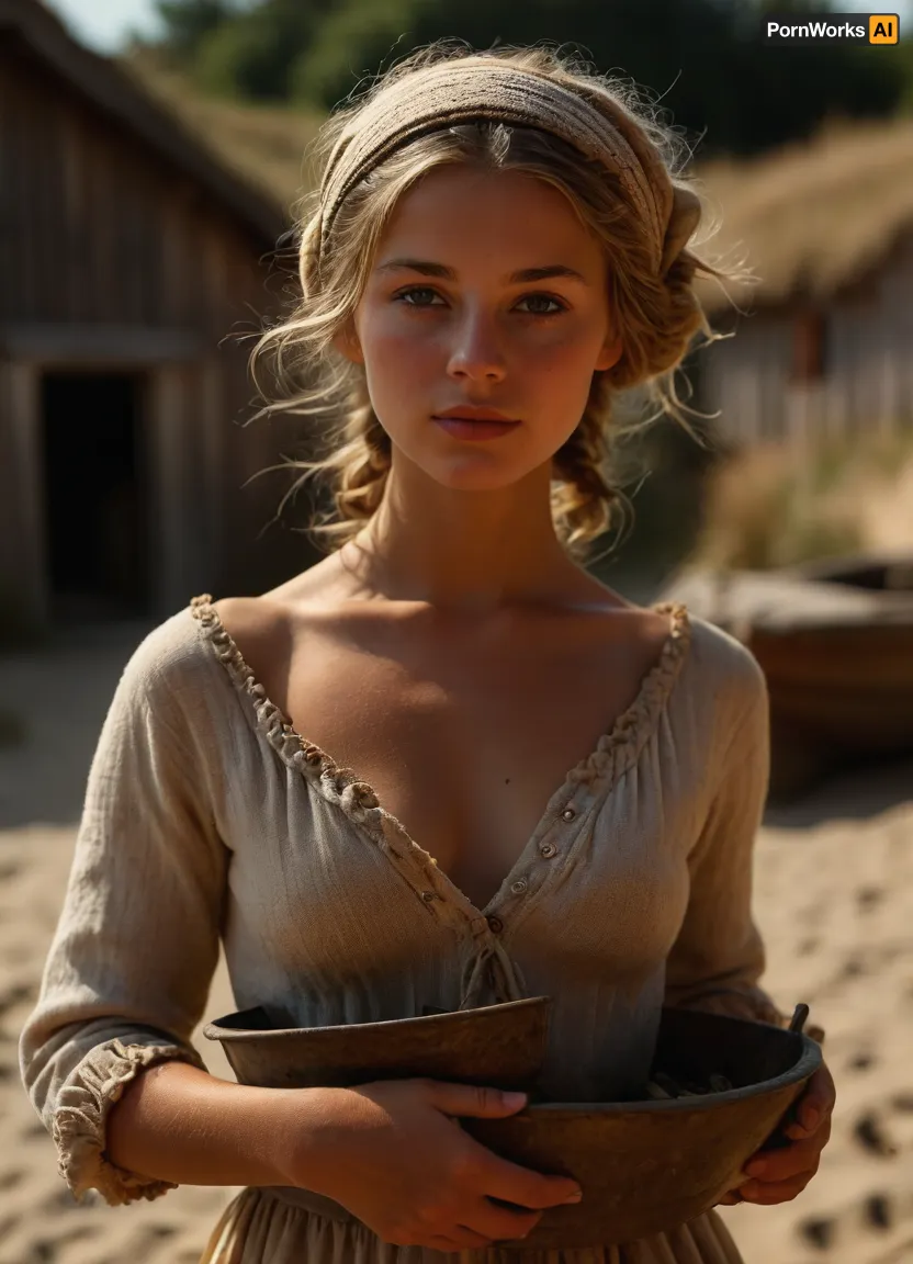 UHD 8K, cinematic masterpiece, score 9, score 8 up, score 7 up, score_9, score_8_up, score_7_up, ((soft focus)), 18th century, blurred background, 8k uhd, ((3/4-body view)), 3/4-body view of deeply tanned naked blonde braided young woman, very beautiful face, firm small breasts, narrow waist, tanned slim body, tanned beautiful young woman naked wearing only open woolen peasant shirt and a headscarf and flat sandals, very deep seamless suntan, woman stands on a beach with dunes and fine sand in England, carrying a bucket of fish, an old fishing boat lies on the shore, woman carrying a bucket with fish, ((beautiful face and naked body and open woolen peasant shirt and headscarf and narrowly trimmed dark blonde pubic hair)), 18th century old run-down wooden cottage in blurred background, warm sun rays from the side, sunny summer day, fairy tale, <lora:MJ52:.7>, <lora:Picture_enhancer:.7>