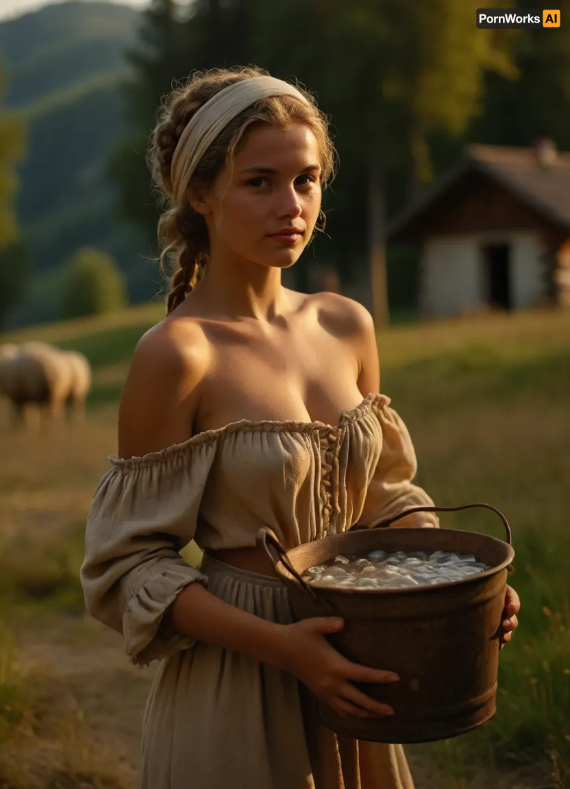 UHD 8K, cinematic masterpiece, score 9, score 8 up, score 7 up, score_9, score_8_up, score_7_up, ((soft focus)), 18th century, blurred background, 8k uhd, 3/4-body view of naked deeply tanned blonde braided young woman, very beautiful face, firm small breasts, narrow waist, tanned slim body, tanned beautiful young woman naked wearing only an open unclosed woolen peasant shirt and a headscarf and flat sandals, very deep seamless suntan, naked woman stands on a meadow in valley in Switzerland, sheeps, carrying a bucket of water, woman carrying a bucket with water, ((beautiful face and naked body with open unclosed woolen peasant shirt and headscarf and narrowly trimmed dark blonde pubic hair)), 18th century old run-down wooden cottage and forest in blurred background, warm sun rays from the side, sunny summer day, fairy tale, <lora:MJ52:.7>, <lora:Picture_enhancer:.7>