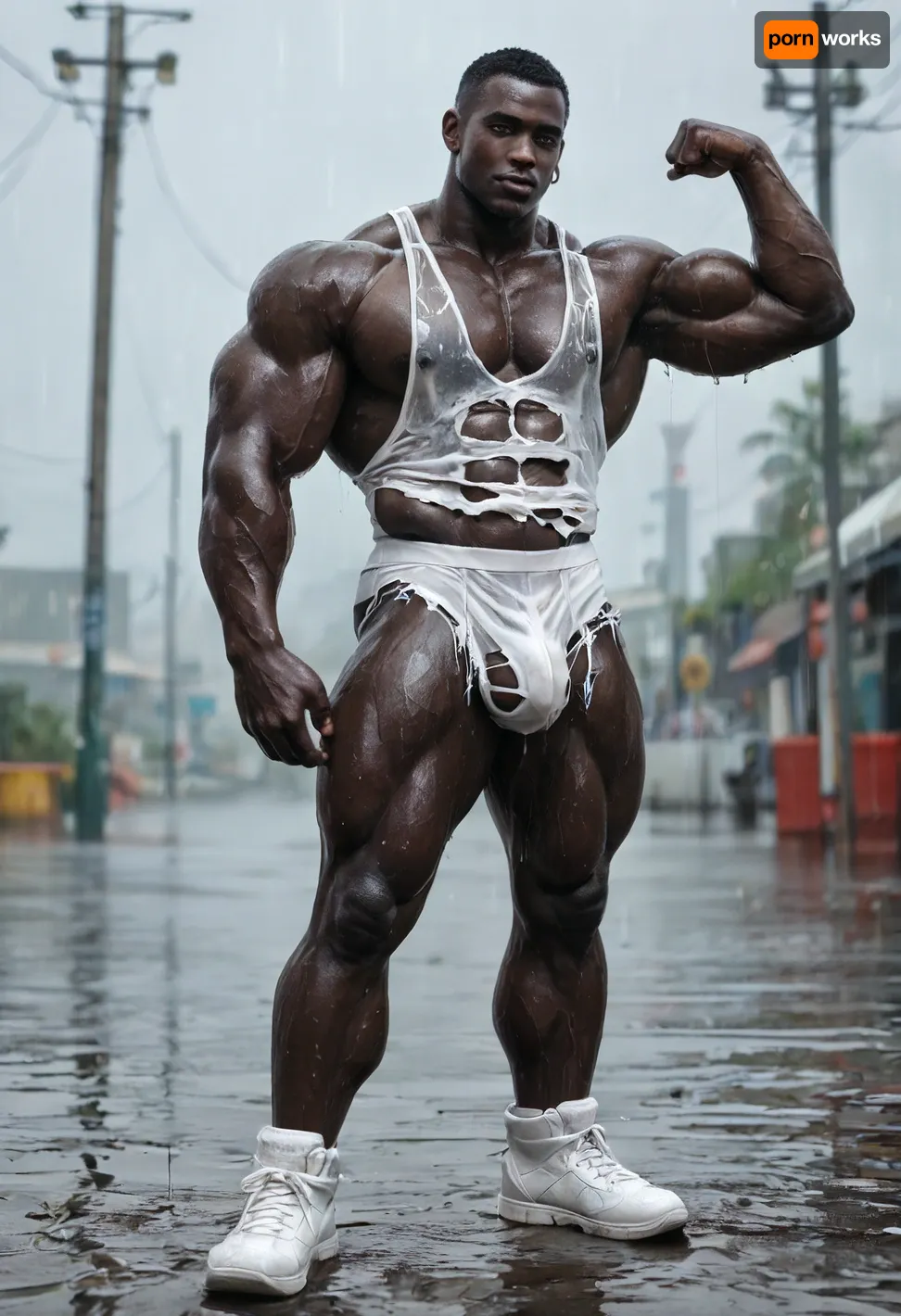 Full body view, far view, african black man, drk black sin, bodybuilder body, guge muscles, excessive hairy black body, big pecs, big bulge, big tits, big ass booty, bubblebutt rond ass, big ass, (big booty:1.5), african gay man, (black body:1.7), exhibiting his big booty, wearing wet white net transparent speedo and wet white net transparent tank top, torn speedo, torn tank top, (white outfits:1.8), (torn outfits:1.6), wet outfits, exhib, hot, only gay man, black male, huge muscles, standing sexy pose, under heavy rain, rainning, wet, front view, flexing his biceps, sexy position