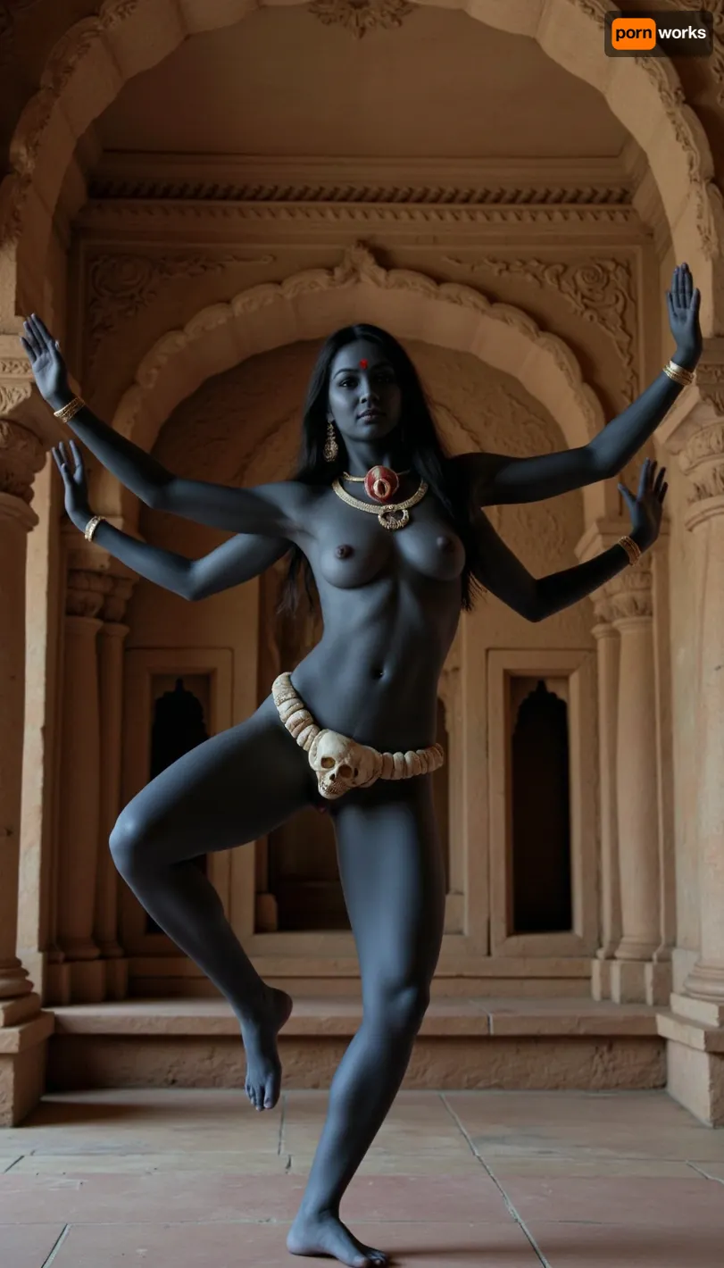 ((Indian goddess Kali)), six arms, thin waist, dark blue skin, large round breasts, nude, necklace of human skulls, dancing bharatanatyam in an ancient Indian temple, full body view, quality 8K