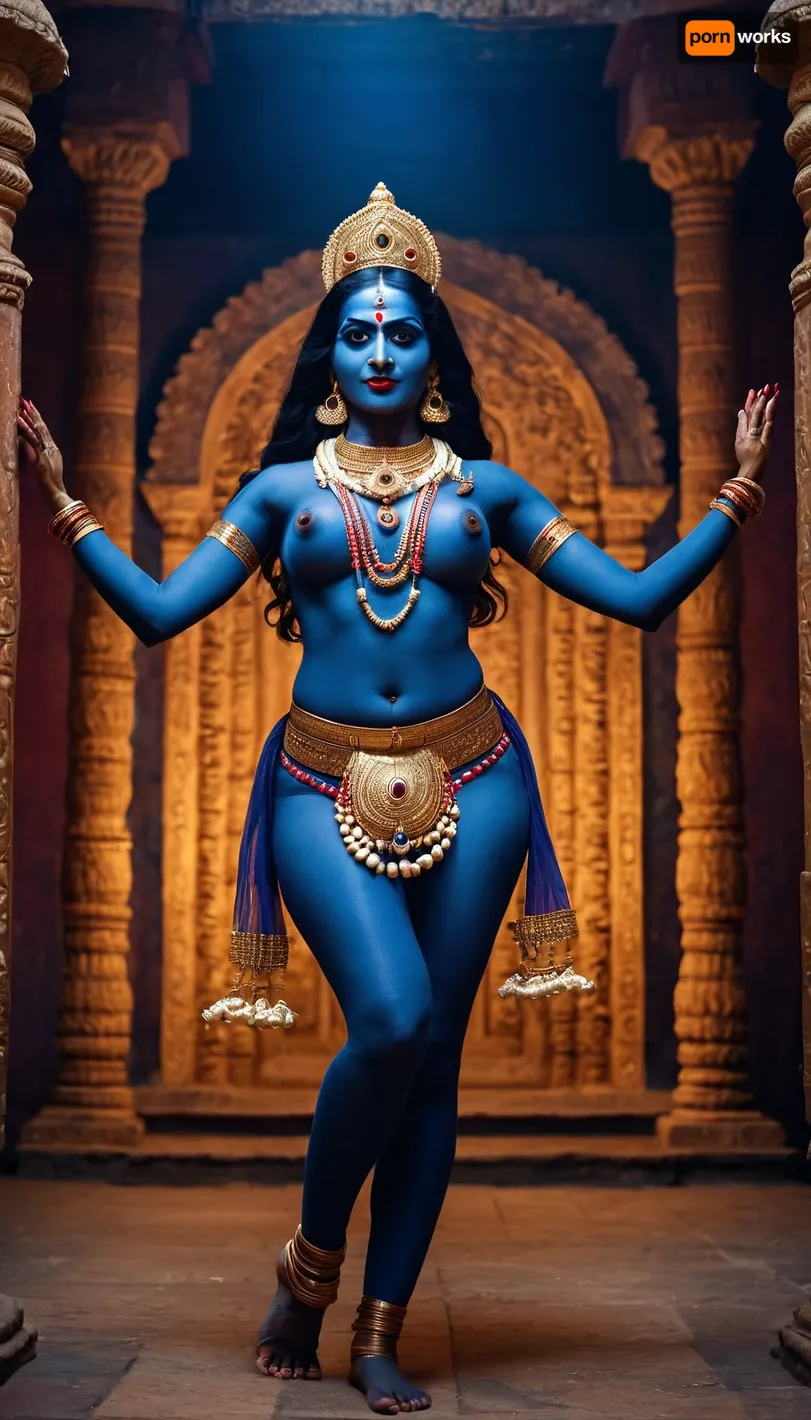 ((Indian goddess Kali)), six arms, thin waist, dark blue skin, large round breasts, nude, necklace of human skulls, dancing bharatanatyam in an ancient Indian temple, full body view, quality 8K