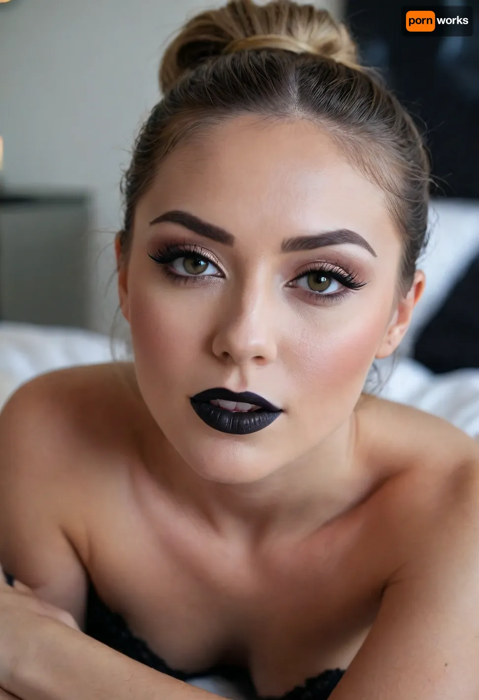 ecstatic beautiful woman with a dreamy expression, light eyes, (bold winged eyeliner), 1.3, hair tight ponytail, in her 20s, laying on her side, (indirect lighting), eye contact, 8k, mouth open, black lipstick, <lora:cockteaseLoRASDXL:1>