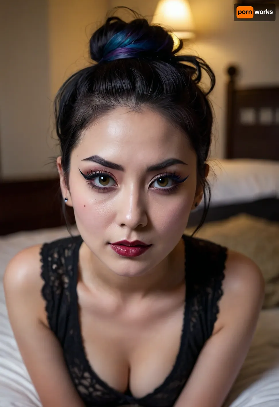 Smirking Japanese goth woman, (bold eyeliner), drunk, sweaty, black lips, black hair, hair in messy bun, black highlights, (indirect lighting), laying in bedroom