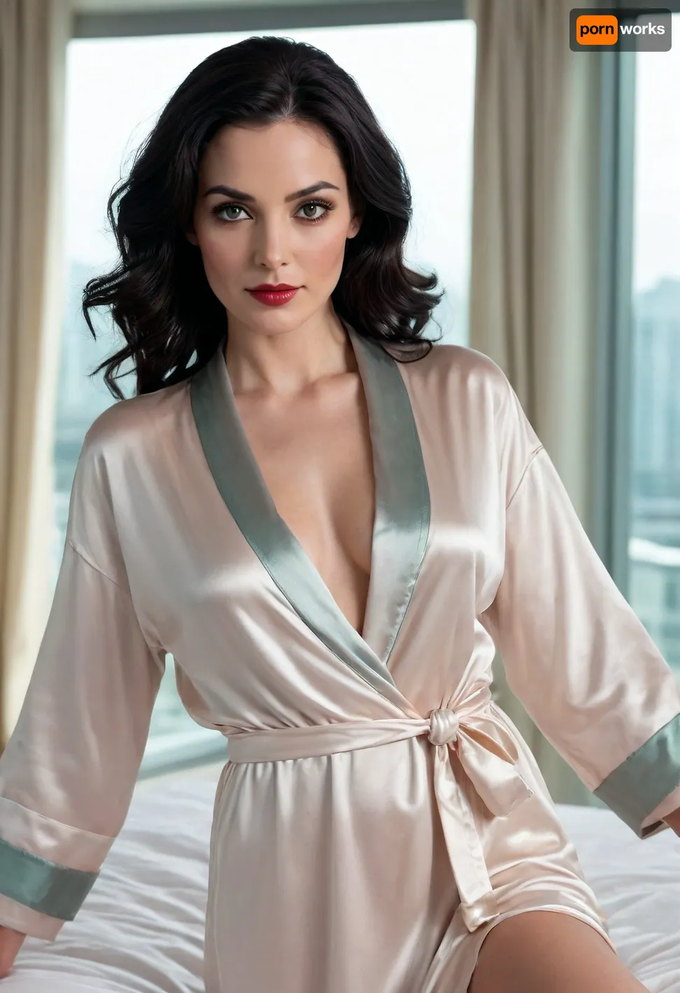 A woman in her mid-thirties, with a fair complexion and fine features. Her long raven-black hair is shiny and wavy, framing her face and falling to her shoulders and back. Her eyes are an intense emerald green, set off by dark lashes and well-defined eyebrows. Her full, natural pinkish-red lips are slightly parted, adding a touch of mystery and sensuality to her confident, direct expression. Her body is slender and shapely. She is dressed in a very fine silk or satin dressing gown, immaculately white and subtly transparent, revealing her nakedness underneath. The dressing gown has wide, shiny black piping along the front opening, on the cuffs of the full-length sleeves, and around the hem that reaches just above mid-thigh, clearly revealing her lower buttocks. A belt of satin black fabric is tied at the waist, forming a supple knot. The shoulders of the dressing gown are slightly dropped, or the fabric is arranged so as to leave her shoulders completely bare, exposing her skin. The woman stands in a three-quarter view, her body turned slightly to the left of the image, while her face is turned towards the viewer, making direct and engaging eye contact. Her left arm is discreetly along her body, almost invisible behind her, while her right hand is delicately resting on the left side of her bathrobe, lightly holding the fabric close to her chest, a suggestive pose without being explicit. The background is dominated by a large rectangular window with visible panes, from which an intense, almost dazzling light emanates, creating a powerful backlight. This light strikes the woman directly, emphasising her contours and the diaphanous texture of the bathrobe. Several rays of light, (lens flares), emanate from the light source, crossing the room. On the sides of the window, heavy dark curtains are drawn, adding a frame to the scene. Through the window, a futuristic cityscape stretches as far as the eye can see, made up of skyscrapers with twinkling lights, suggesting nocturnal activity or advanced twilight. Against the clear but blue-tinged sky, several science-fiction flying vehicles are visible, some with streaks of light behind them. The overall atmosphere is that of a high-end comic book illustration, with clean lines, vibrant colours and a detailed rendering that combines realism and stylisation. The overall impression is one of elegance, mystery and modernity. Discreet interior elements are visible at the edges of the image, (a bedside table, end of bed, armchair), anchoring the scene in a luxurious domestic setting.