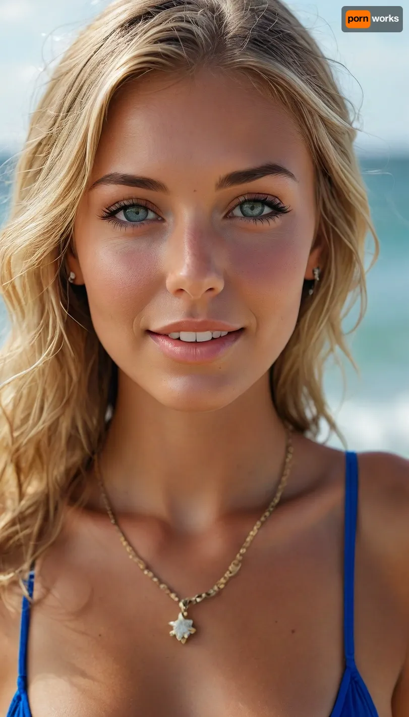 ((ultra photorealistic professional close-up Face portrait)), (one gorgeous lady:1.2), confident 22 year old, (beautiful eyes:1.3), (tall and slender:1.4), (dark seamless tan:1.2), (perfect tan:1.5), (big tits:1), (perfect tits:1), (micro bikini:1.3), cute smile, long light blonde hair blowing in the sea breeze, (necklace, deep blue vibrant eyes, bracelets, piercings), <lora:MJ52:1.1>, (((very very big nipples 3, 0)))