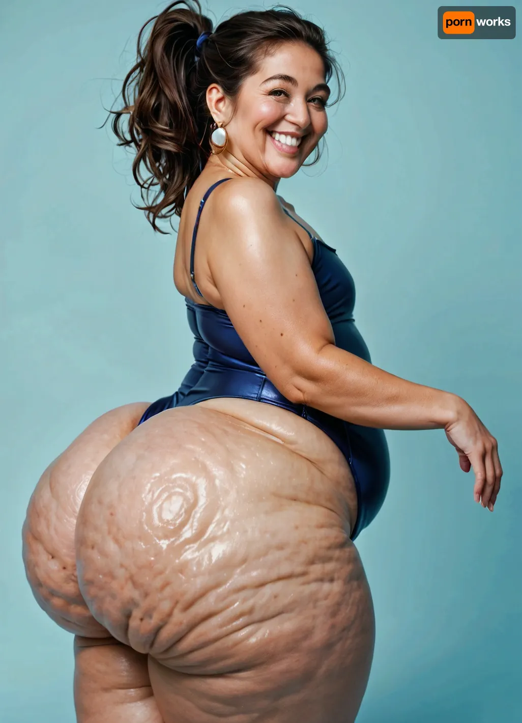 ultra realistic, side view, very old 80 years old woman is walking, bouncing butt, big fat obese mature mexican grandmother, plump chubby stacked woman, very old, fat, plump, slightest cellulite, flat chest, very tight shiny leotard, ((oversized rounded butt)), straight ponytail hairstyle, very messy hair, good hands, perfect fingers, oversized hips, (super big round butt:1.8), (super rounded butt), gigantic curvy butt, old wallpaper background, ohwx25, woman, big smile, gaped teeth, happy, <lora:happy_v2:2>