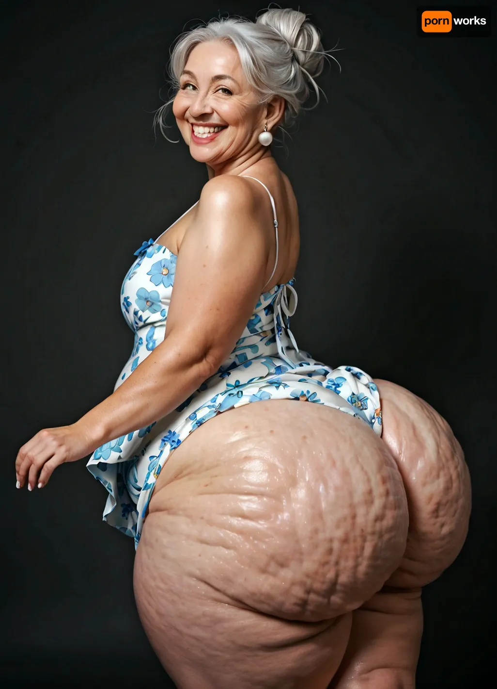 ultra realistic, side view, very old 80 years old woman is walking, super big nose, double chin, round cheeks, bouncing butt, big fat obese mature mexican grandmother, white hair, plump chubby stacked woman, very old, fat, plump, barely cellulite, flat chest, floral seethrought summer dress, ((oversized rounded butt)), hairbun, good hands, perfect fingers, oversized hips, (super big round butt:1.8), (super rounded butt), gigantic curvy butt, old wallpaper background, ohwx25, woman, big smile, gaped teeth, happy, <lora:happy_v2:2>