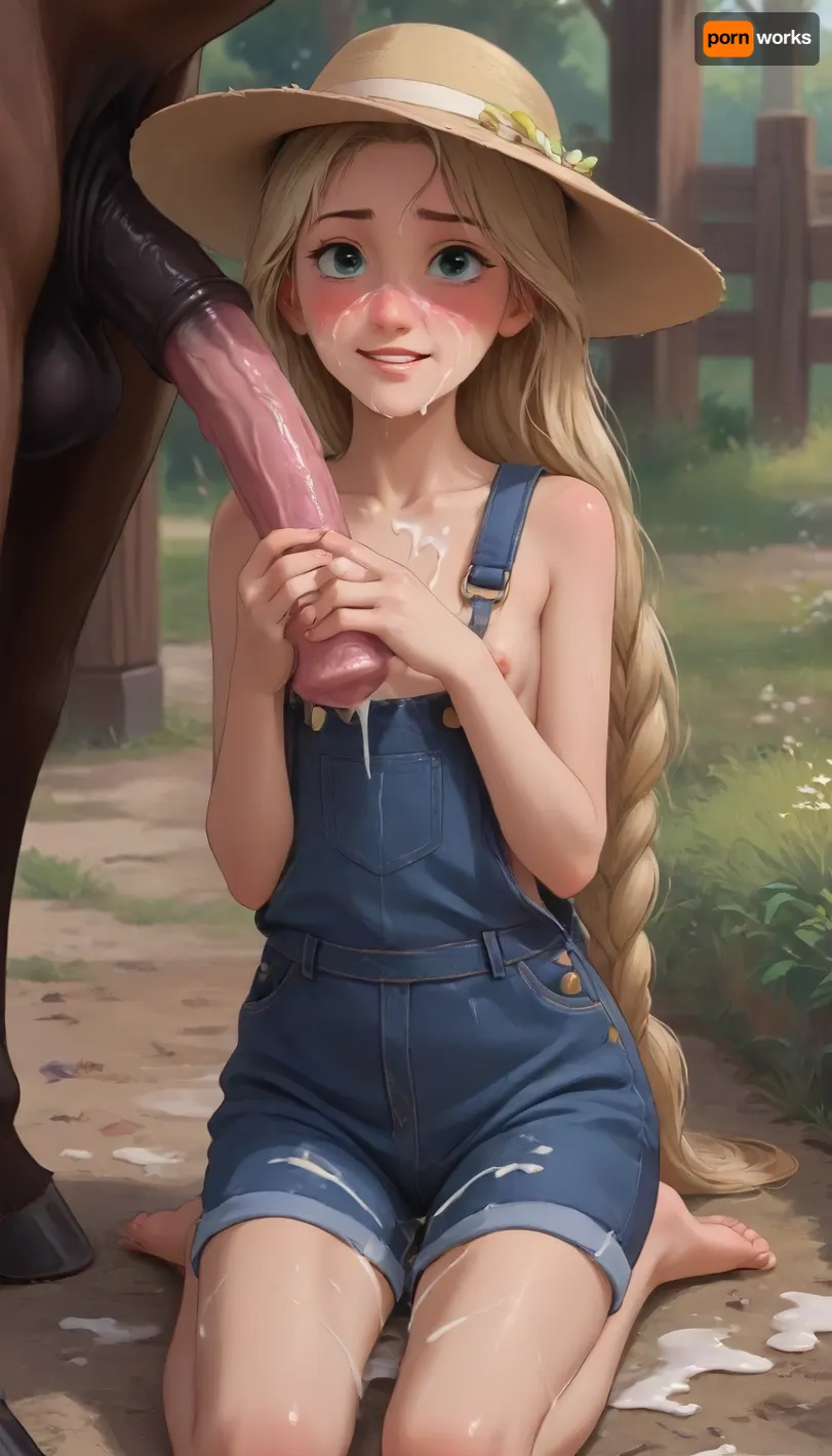 Young Rapunzel, beautiful 18 year old, blonde, long hair, strong blush, smile, Barefoot tiny breast, small breasts, flat chest, (naked farmer), (wear sun hat), (denim overalls), On my knees under horse, cumming, cum splash everywhere, (grab cock), (1horse cock), (milking handjob), (huge cum load), cumming in face, cum string, cum splatter, cum spray, massive load, cum on face, cum on chest, zoophilia, bestiality, (j_cartoon:1.5), cowboy shot, (shiny skin:1.2), [wet with oil], 0.3, <lora:Animated_Concept:.3>, <lora:NEOTOKIOXL_0.2_RC:.8>, <lora:outline_xl_kohaku_delta_spv5x:.8>