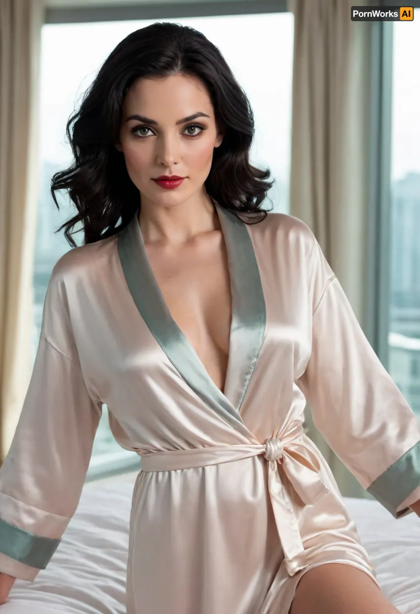 A woman in her mid-thirties, with a fair complexion and fine features. Her long raven-black hair is shiny and wavy, framing her face and falling to her shoulders and back. Her eyes are an intense emerald green, set off by dark lashes and well-defined eyebrows. Her full, natural pinkish-red lips are slightly parted, adding a touch of mystery and sensuality to her confident, direct expression. Her body is slender and shapely. She is dressed in a very fine silk or satin dressing gown, immaculately white and subtly transparent, revealing her nakedness underneath. The dressing gown has wide, shiny black piping along the front opening, on the cuffs of the full-length sleeves, and around the hem that reaches just above mid-thigh, clearly revealing her lower buttocks. A belt of satin black fabric is tied at the waist, forming a supple knot. The shoulders of the dressing gown are slightly dropped, or the fabric is arranged so as to leave her shoulders completely bare, exposing her skin. The woman stands in a three-quarter view, her body turned slightly to the left of the image, while her face is turned towards the viewer, making direct and engaging eye contact. Her left arm is discreetly along her body, almost invisible behind her, while her right hand is delicately resting on the left side of her bathrobe, lightly holding the fabric close to her chest, a suggestive pose without being explicit. The background is dominated by a large rectangular window with visible panes, from which an intense, almost dazzling light emanates, creating a powerful backlight. This light strikes the woman directly, emphasising her contours and the diaphanous texture of the bathrobe. Several rays of light, (lens flares), emanate from the light source, crossing the room. On the sides of the window, heavy dark curtains are drawn, adding a frame to the scene. Through the window, a futuristic cityscape stretches as far as the eye can see, made up of skyscrapers with twinkling lights, suggesting nocturnal activity or advanced twilight. Against the clear but blue-tinged sky, several science-fiction flying vehicles are visible, some with streaks of light behind them. The overall atmosphere is that of a high-end comic book illustration, with clean lines, vibrant colours and a detailed rendering that combines realism and stylisation. The overall impression is one of elegance, mystery and modernity. Discreet interior elements are visible at the edges of the image, (a bedside table, end of bed, armchair), anchoring the scene in a luxurious domestic setting.