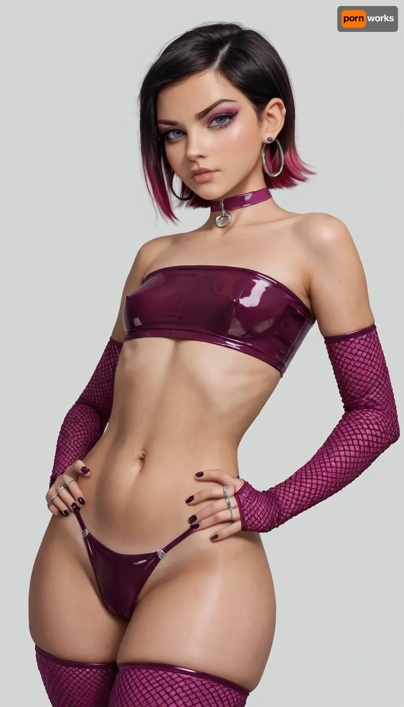 (Gwen Tennyson from Ben 10), Gwen Tennyson hair, black hair, goth perfect makeup, innocent face, (tanned), serious expression, Small perfect tits, perfect small breasts, (Thick thighs:1.3), small waist, Magenta latex tube top, magenta latex pants, fishnet sleeves, magenta choker with silver ring, magenta wrist cuffs, edgy and provocative style, (delta wing glider panties), Cameltoe, tight clothes, Hands on waist front view, (3/4th body view), (white neutral background:1), UhD, 8k, extremely detailed, absurdres, perfecteyes, <lora:add-detail-xl:.8>