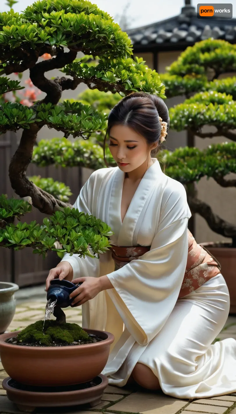 Photorealistic image, Ibeautiful Japanese woman, 25 years old, giant massive very sagging breasts, traditional Japanese hair and makeup, kneeling, luxurious white silk kimono open, exposing breasts, ((watering a potted bonsai tree in a blooming garden)), . only one image, super detailed photorealistic image, the whole body in the frame, 8K quality.