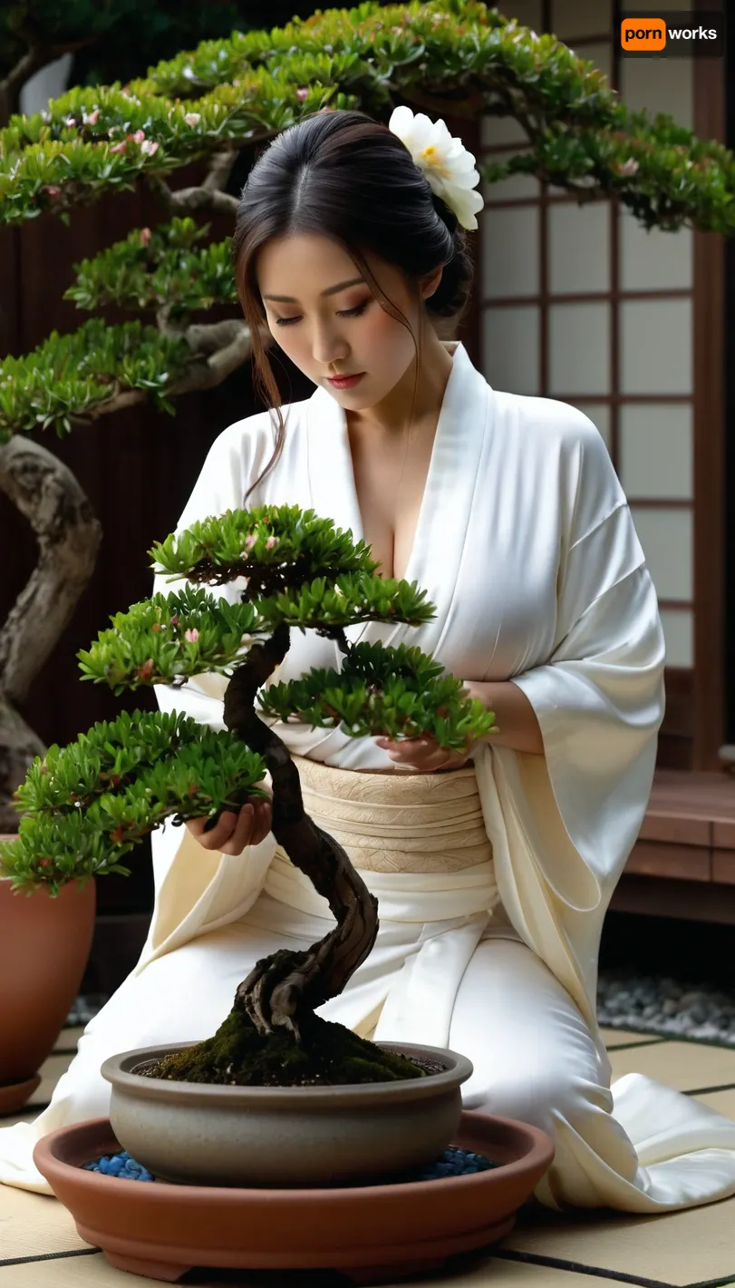 Photorealistic image, Ibeautiful Japanese woman, 25 years old, giant massive very sagging breasts, traditional Japanese hair and makeup, kneeling, luxurious white silk kimono open, (exposing breasts:1.1), ((watering a potted bonsai tree in a blooming garden)), . only one image, super detailed photorealistic image, the whole body in the frame, 8K quality.