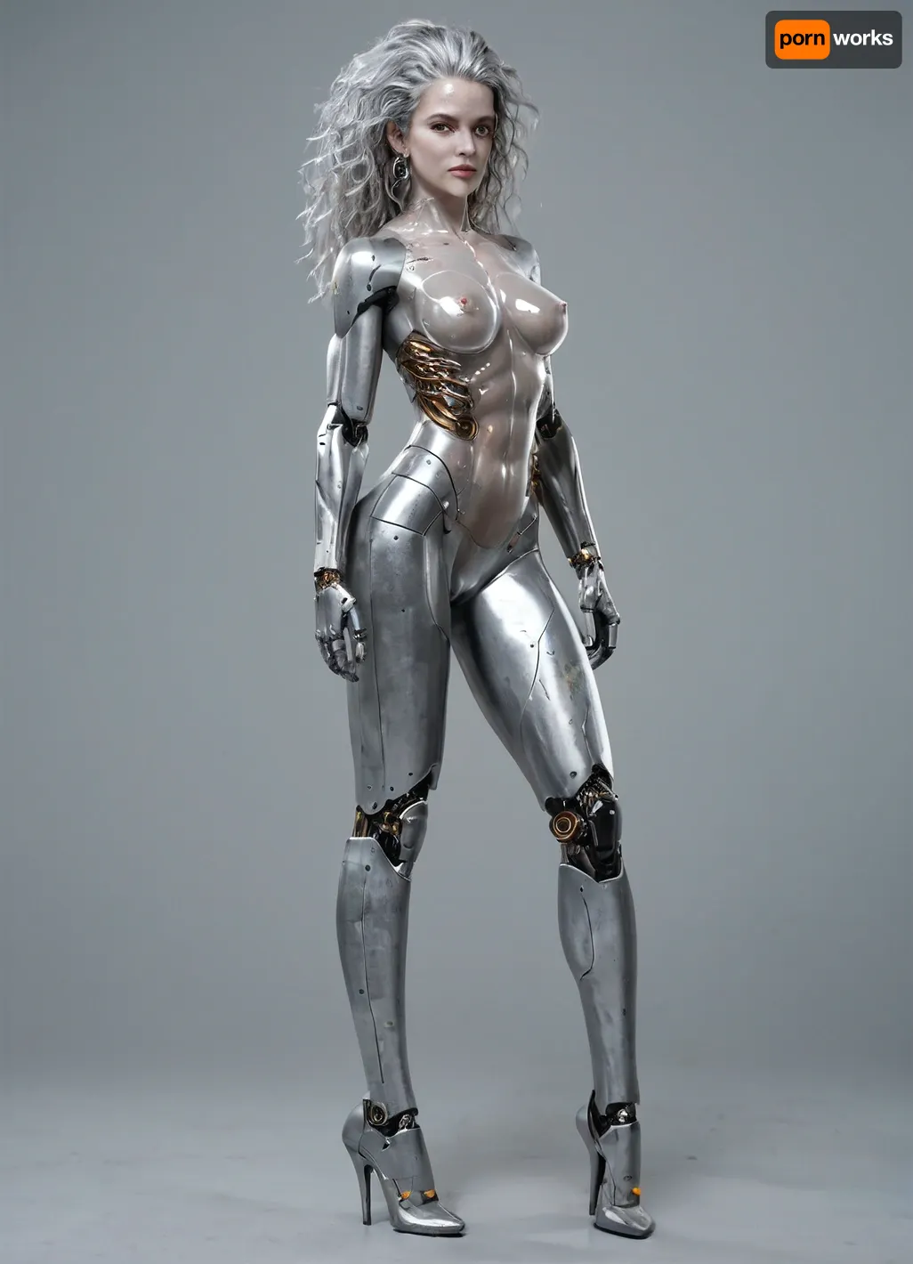 Brunetka 25 lat, nude, silver skin, style haime sorayama art, woman-cyborg, metal skin, cyborg woman, steel skin, FastNegativeV2, BadDream, Perfect face, translucent, transparent, full body, <lora:sdxl_glass:.8>