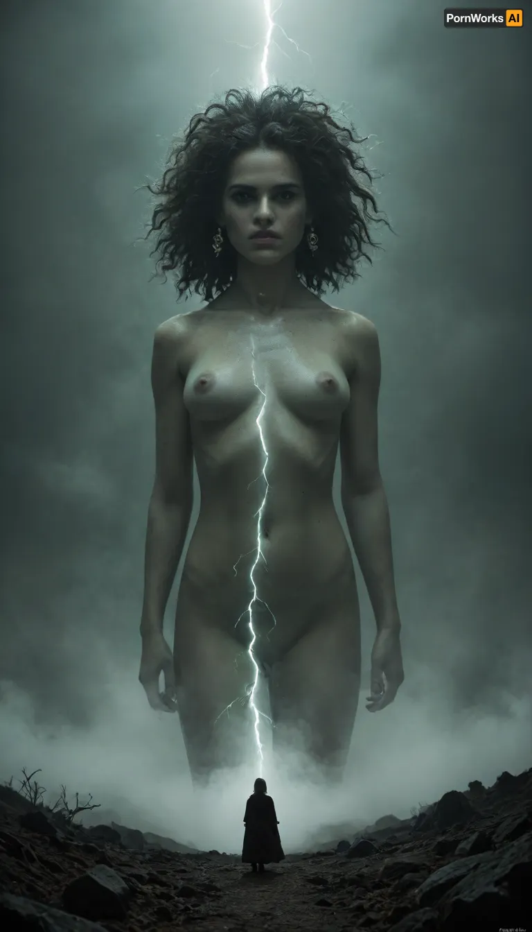 A haunting, cinematic photograph of the silhouette of a towering, serpent-haired figure, inspired by Medusa, emerges eerily from a thick, vibrant purple-green fog that swirls with misty tendrils. The ominous background is a dark, foreboding sky, illuminated by flashes of electric blue lightning that streak across the clouds, casting an unsettling, eerie glow. The atmosphere is tense and foreboding, with an air of menace lurking in the shadows. The snake-haired figure, shrouded in mystery, stands imposingly, its presence commanding attention, while the misty fog dancing around it adds an aura of mystique and ancient power.