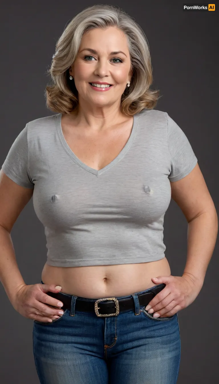 The image features a fat, obese, mature gilf. Armenian, Full body portrait, (plain blank black background), . She has striking light green eyes that are looking directly forward, with a smile. her lips are big, plump and juicy. Her facial features are soft, and her skin appears smooth with a natural complexion. She has long, light brown hair with visible streaks of gray, suggesting a more mature age, 60 years old. Her hair is parted slightly to her right and falls over her shoulders. Her body figure is plump, with breasts that are not obscured by a bra, as indicated by the distinct outline of her nipples through her gray v-neck t-shirt. The t-shirt is a solid, medium heather gray color, with thin cotton material, form-fitting, and has short sleeves. The v-neck cut is deep, drawing attention to her décolletage. Below the t-shirt, the top portion of what appears to be highwaist blue jeans or denim pants is visible, with a dark belt. Her hands are resting near her waist, and in her left hand, she seems to be holding a purse. She is wearing a wedding ring with a big diamond on her left hand ring finger, perfect hands with some colorful marks on her fingertips, potentially from paint. The overall impression is one of a woman with a confident and mature presence.
