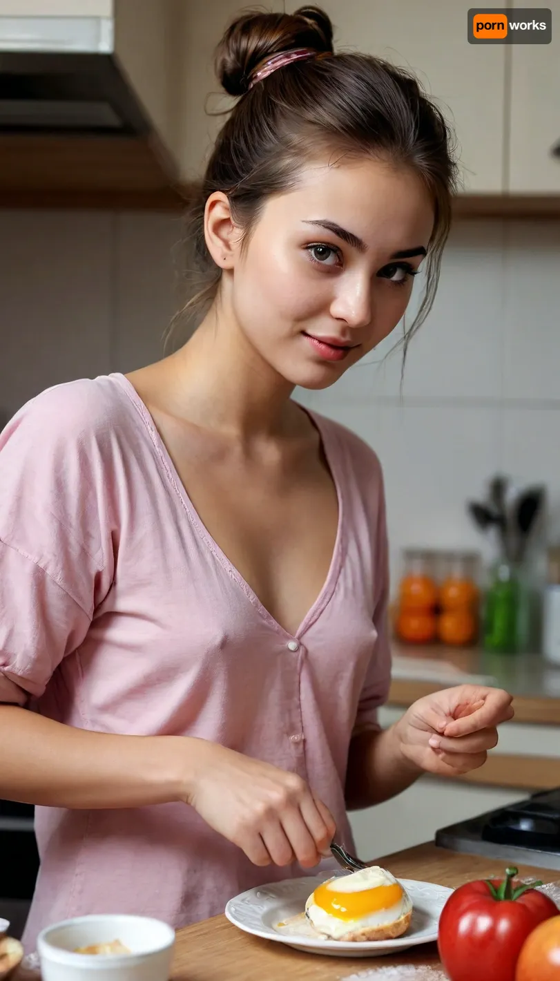 a cheerful 20 year old turkic wife in thin sleepshirt is preparing breakfast in the kitchen, messy bun, detailed face, glowing eyes, blushing, small nose, thin lips, perfect teeth, nude body shillouette, side view, peaceful vibes, high contrast, high saturation, braless>, <lora:detailed_notrigger:1.4>, <lora:bralessSDXL_v1_00022:.1> a cheerful 20 year old turkic wife in thin sleepshirt is preparing breakfast in the kitchen, messy bun, detailed face, glowing eyes, blushing, small nose, thin lips, perfect teeth, nude body shillouette, side view, peaceful vibes, high contrast, high saturation, braless>, <lora:detailed_notrigger:1.4>, <lora:bralessSDXL_v1_00022:.1>