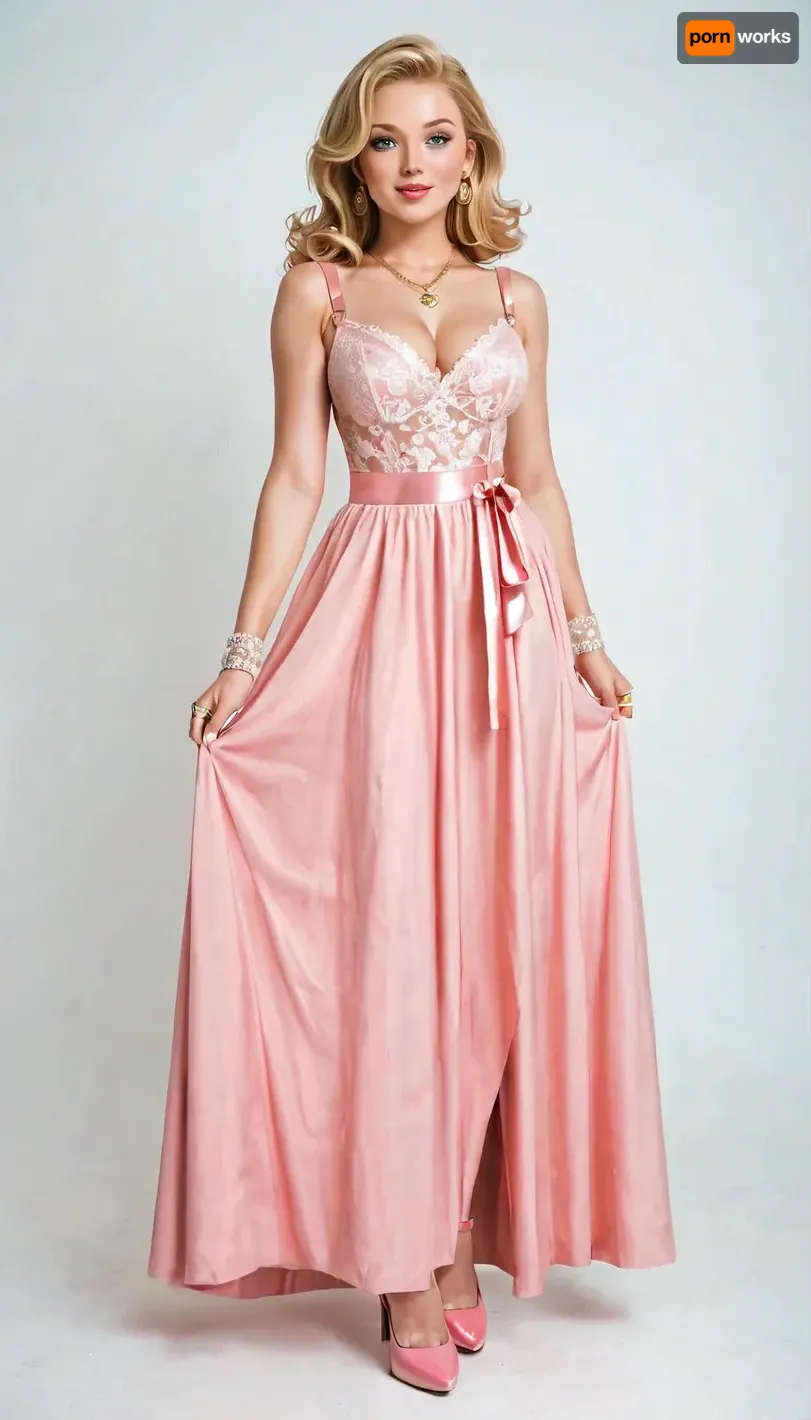 Francine Lee Smith from American step dad, blonde, blue eyes, pink dress with white lace and pink straps, gold locket necklace with a large gold pendant, pink high-heeled shoes and a massive white ring on her left wrist., full body view