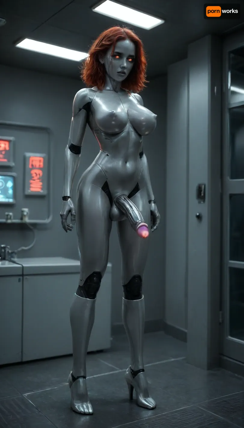 8K, full-length digital artwork of a woman morphing into a futa robot trapped inside a glass column filled with swirling pink gas, full length, clean futuristic mad scientist laboratory, laboratory equipment, electrical circuits, sparking wires, barred window looking out onto futuristic city, night, neon lights, swirling green gas clouds, metallic face, erect metallic penis, large balls, large metallic skinned breasts, shiny metallic skin, shiny black metallic torso, exposed wires, wide hips, thin waist, large buttocks, standing, moulded red plastic hair, perfect eyes, perfect iris, scared, worried expression, Robot, Porcelin Skin, Android, <lora:robot_skin_XL_1.0.6:.8>, robot, transformation, robotization, <lora:RoboTF:.8>, extraterrestrial, sp4c3sh1p, l4b, <lora:extraterrestrial_sp4c3sh1p_l4b:.8>