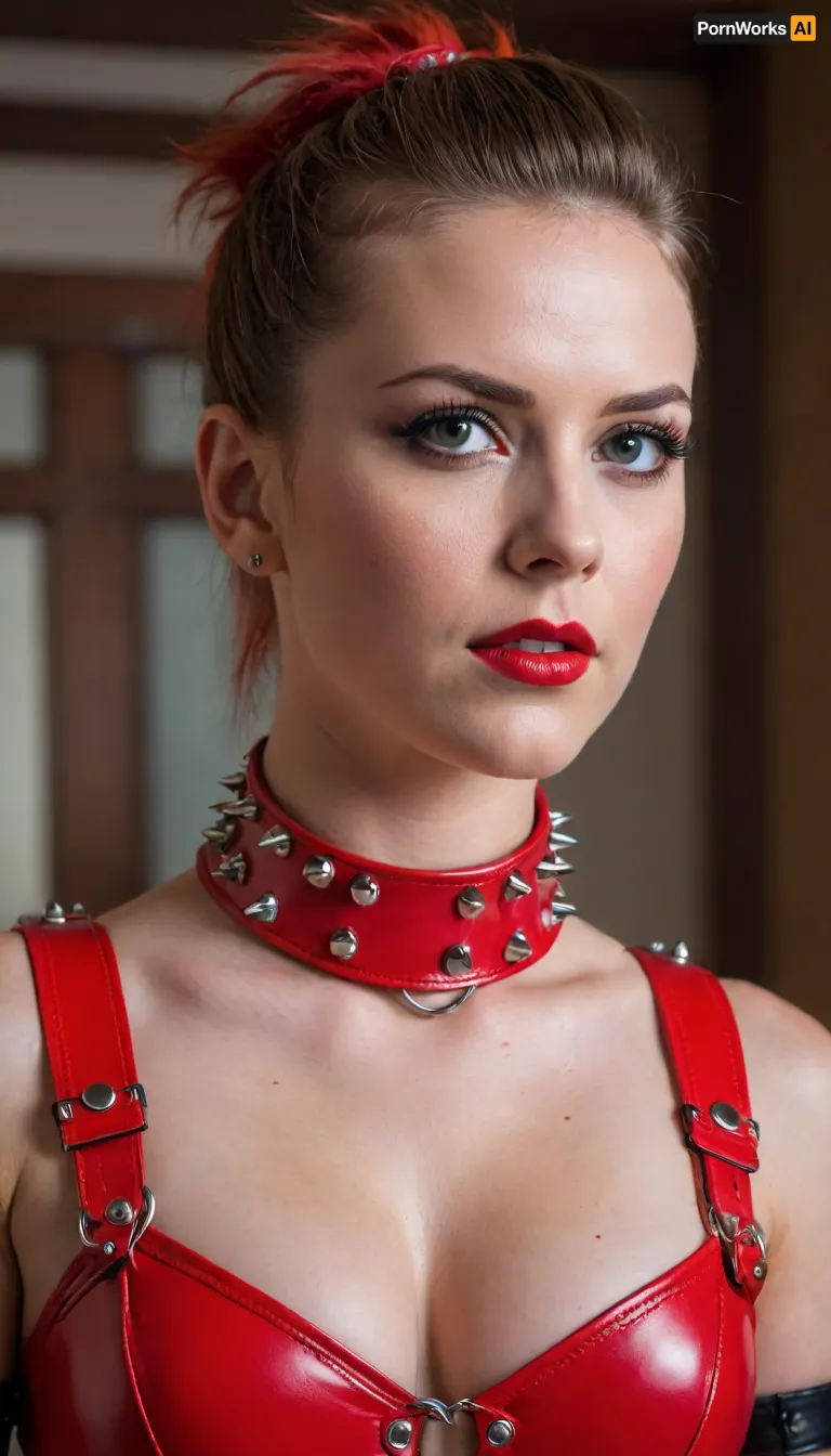 she is wearing vivid red leather collar spiked, vivid red BDSM outfits spiked, glossy leather complex harness spiked