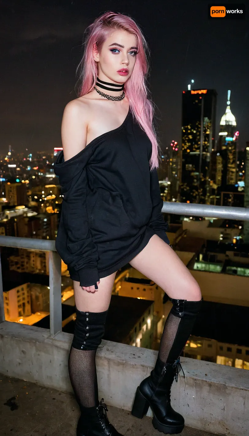 UHD 8K, photorealistic, ultra realistic, highly detailed, night cityscape, rooftop setting, beautiful young emo girl, 19 years old, pale flawless skin, long straight hair dyed neon pink with black streaks, heavy side-swept bangs, expressive blue eyes, perfect eyeliner, black lipstick, subtle blush, multiple facial piercings, thin choker, short plaid skirt, black oversized hoodie slipping off one shoulder, striped thigh-high socks, chunky platform boots, fishnet gloves, confident yet melancholic pose, standing near the edge of a rooftop, glowing city lights and skyscrapers in background, gentle breeze, hair moving, moody atmosphere, emotional deep gaze, light rain droplets, high contrast, cinematic vibe, SFW, <lora:SDXLHighDetail_v6-000005:.9>, <lora:Rawfully Stylish v0.2_epoch_20:1.2>