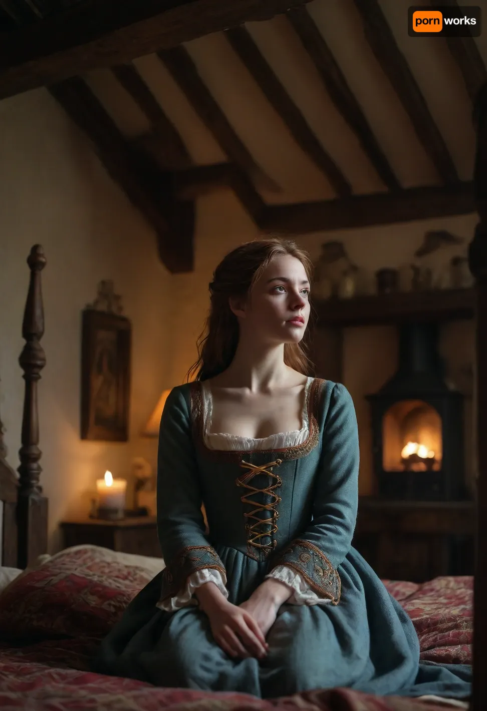 a beautiful young Scottish maiden wakes up in the loft bedroom of her medieval cottage