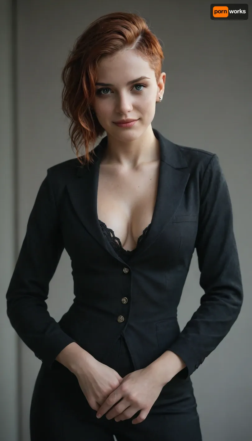 Ultra detailed, intricate detail, cinematic photo. intense backlight. Chiaroscuro. Beautiful face, intricate. Night in new york. Black and white, b&w, golden hour. Award winning monochromatic photograph in extreme low angle full body portrait of shy smile, playful, strong Beautiful punk rock woman in very ornate tight teal suit, Cleavage, . Posing smiling. Undercut, shaved redhead. Caravaggio style. Vermeer, Goya, Caravaggio. Cleavage.