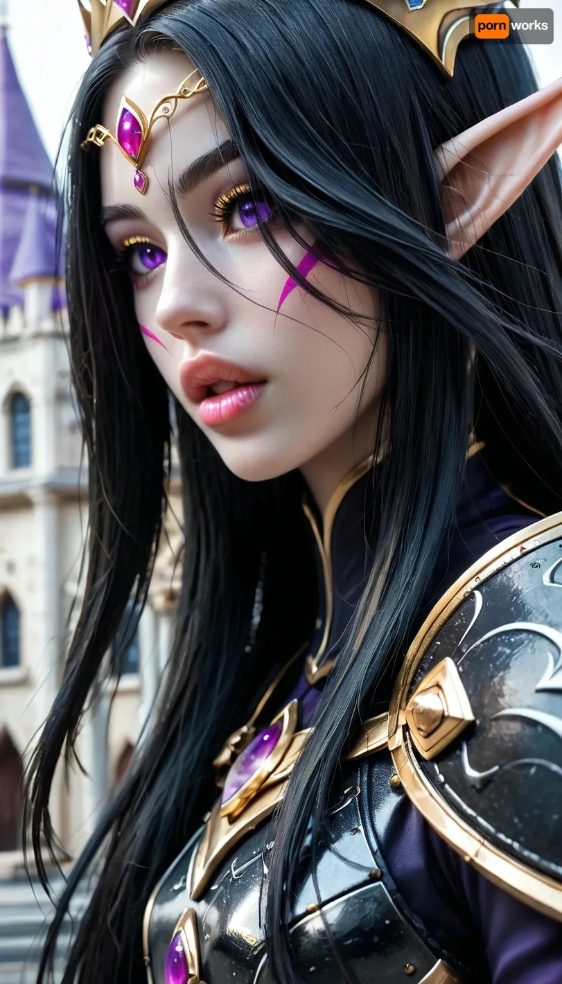 (1 extremely beautiful elf woman queen:1.2), (golden elven crown:1.2), (close angle), side view, (large full beautiful lips:1.2), (extremely small beautiful face:1.2), (hair over one eye), black hair, (perfect long flat hair:1.2), (extremely straight hair), (gold trimmed elegant black armor with purple accents), (fully clothed:1.2), very long thick eyelashes, (light purple eyes), (extremely beautiful petite body), (nose piercing), ear piercing, (nose chain), (cute small breasts), small waist, (cute bubble butt), (extremely thin muscular thighs), (extremely perfect big eyes:1.5), (perfect face:1.3), (8k), (elegant elven castle at night), elven, architecture, bailing-traditional, opera, facepaint, chinese, clothes, Radiant, Darkness, R3g4l, 3lv3n, woman, courtyard, armor, cloak, sword, castle, <lora:EnvyElvishArchitectureXL01:.9>, <lora:xl-shanbailing-1029chinese technology-000003:1.2>, <lora:233007_training_data:1.1>, <lora:Regal_Elven:.8>