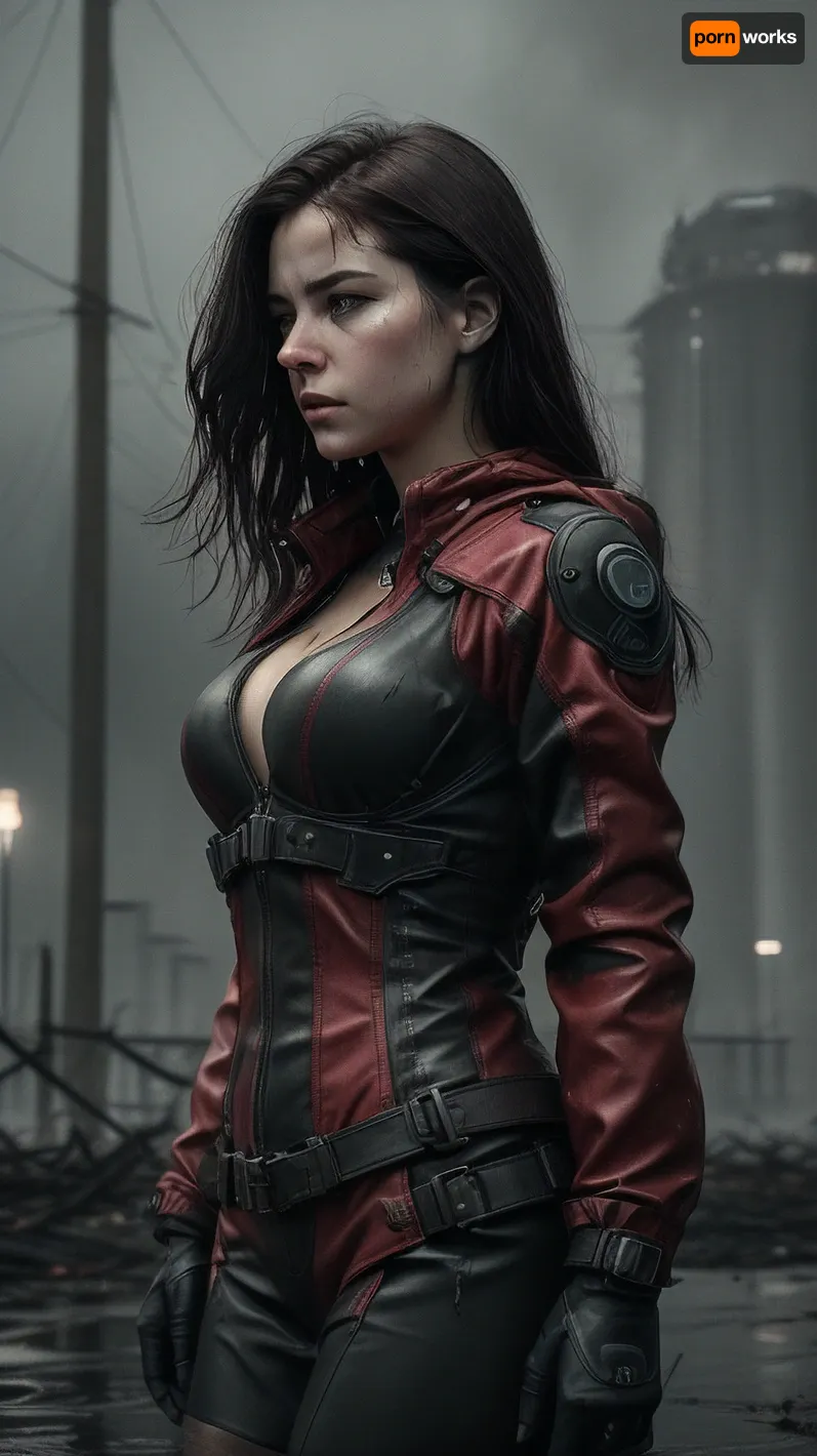 ---

☢️🖤🔴 AI Prompt – “The Crimson Signal – Chapter I”, (reworked), A lone woman stands motionless at the edge of a devastated post-apocalyptic city.

The entire image is in high-contrast black and white — decayed Soviet buildings loom behind her, trees have grown wild, vines cover collapsed structures.

It's raining — fine mist hangs in the air, and puddles ripple around her boots.

She is beautiful but untouched by vanity — a figure of quiet power and grace. She wears a fitted tactical cloak, soaked and clinging to her silhouette, strong legs, narrow waist, and gentle curves at her chest, subtly defined beneath the wet layers.

Her hair is loose, red and wind-blown, strands sticking to her cheek. Her face is cute and nice— sexi, wise, slightly mournful. Nice breast

On her chest rests a single pendant glowing deep red — glowing faintly in the monochrome rain.

This red pendant is the only color in the scene. Its light reflects off water and faintly tints the edges of her neck and jaw.

Behind her, in the misty distance, the cooling towers of the reactor rise like ghosts from another time.

A raven flies past, its wings spread wide, blurred by the rain.

Mood, cinematic, quiet majesty, grief and resilience
Style, hyper-detailed black and white with vivid red element
Emphasis, strong female presence, hard beauty, collapse and memory