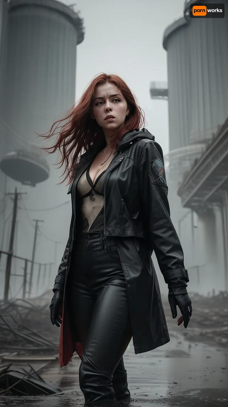 ---

☢️🖤🔴 AI Prompt – “The Crimson Signal – Chapter I”, (reworked), A lone woman stands motionless at the edge of a devastated post-apocalyptic city.

The entire image is in high-contrast black and white — decayed Soviet buildings loom behind her, trees have grown wild, vines cover collapsed structures.

It's raining — fine mist hangs in the air, and puddles ripple around her boots.

She is beautiful but untouched by vanity — a figure of quiet power and grace. She wears a fitted tactical cloak, soaked and clinging to her silhouette, strong legs, narrow waist, and gentle curves at her chest, subtly defined beneath the wet layers.

Her hair is loose, red and wind-blown, strands sticking to her cheek. Her face is cute and nice— sexi, wise, slightly mournful.

On her chest rests a single pendant glowing deep red — glowing faintly in the monochrome rain.

This red pendant is the only color in the scene. Its light reflects off water and faintly tints the edges of her neck and jaw.

Behind her, in the misty distance, the cooling towers of the reactor rise like ghosts from another time.

A raven flies past, its wings spread wide, blurred by the rain.

Mood, cinematic, quiet majesty, grief and resilience
Style, hyper-detailed black and white with vivid red element
Emphasis, strong female presence, hard beauty, collapse and memory