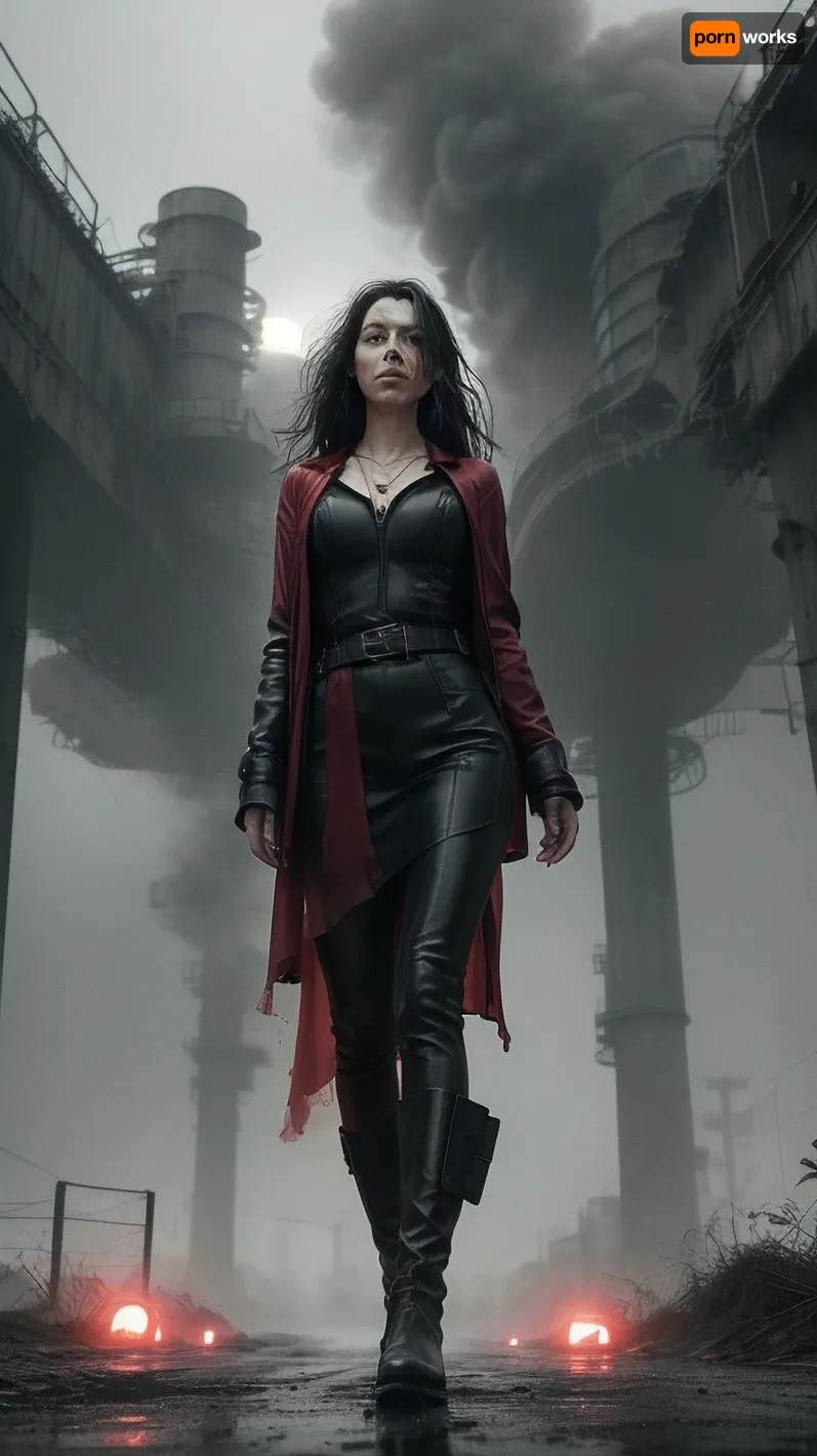 ---

☢️🖤🔴 AI Prompt – “The Crimson Signal – Chapter I”, (reworked), A lone woman stands motionless at the edge of a devastated post-apocalyptic city.

The entire image is in high-contrast black and white — decayed Soviet buildings loom behind her, trees have grown wild, vines cover collapsed structures.

It's raining — fine mist hangs in the air, and puddles ripple around her boots.

She is beautiful but untouched by vanity — a figure of quiet power and grace. She wears a fitted tactical cloak, soaked and clinging to her silhouette, strong legs, narrow waist, and gentle curves at her chest, subtly defined beneath the wet layers.

Her hair is loose and wind-blown, strands sticking to her cheek. Her face is calm — serious, wise, slightly mournful.

On her chest rests a single pendant glowing deep red — glowing faintly in the monochrome rain.

This red pendant is the only color in the scene. Its light reflects off water and faintly tints the edges of her neck and jaw.

Behind her, in the misty distance, the cooling towers of the reactor rise like ghosts from another time.

A raven flies past, its wings spread wide, blurred by the rain.

Mood, cinematic, quiet majesty, grief and resilience
Style, hyper-detailed black and white with vivid red element
Emphasis, strong female presence, soft beauty, collapse and memory