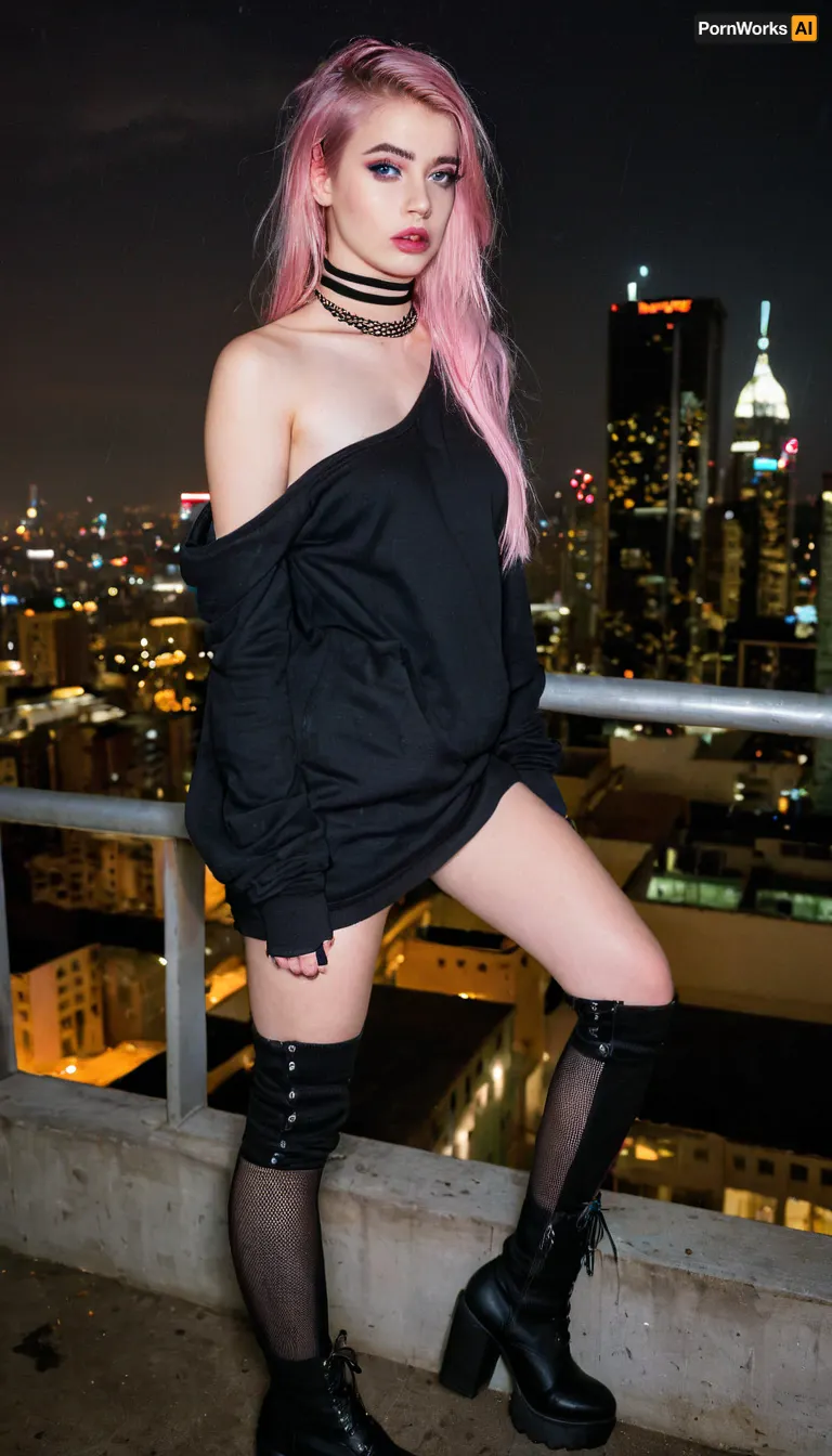 UHD 8K, photorealistic, ultra realistic, highly detailed, night cityscape, rooftop setting, beautiful young emo girl, 19 years old, pale flawless skin, long straight hair dyed neon pink with black streaks, heavy side-swept bangs, expressive blue eyes, perfect eyeliner, black lipstick, subtle blush, multiple facial piercings, thin choker, short plaid skirt, black oversized hoodie slipping off one shoulder, striped thigh-high socks, chunky platform boots, fishnet gloves, confident yet melancholic pose, standing near the edge of a rooftop, glowing city lights and skyscrapers in background, gentle breeze, hair moving, moody atmosphere, emotional deep gaze, light rain droplets, high contrast, cinematic vibe, SFW, <lora:SDXLHighDetail_v6-000005:.9>, <lora:Rawfully Stylish v0.2_epoch_20:1.2>