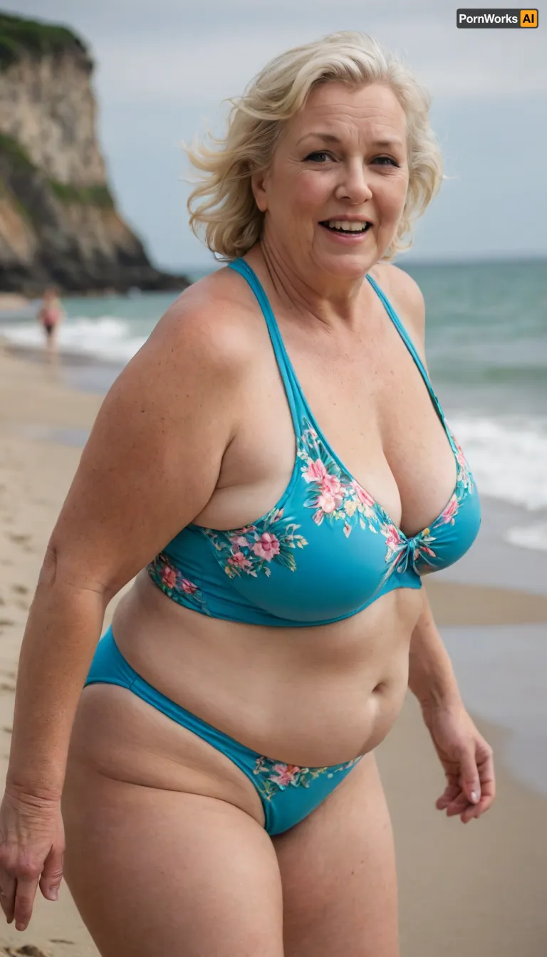 RAW photo, subject, (fine skin detail:1.1), 8k UHD, soft light, high quality, film grain, Fujifilm XT3, dynamic angle, An old blonde granny, fat, obese, Chubby blonde in a bright swimsuit frolicking on the beach