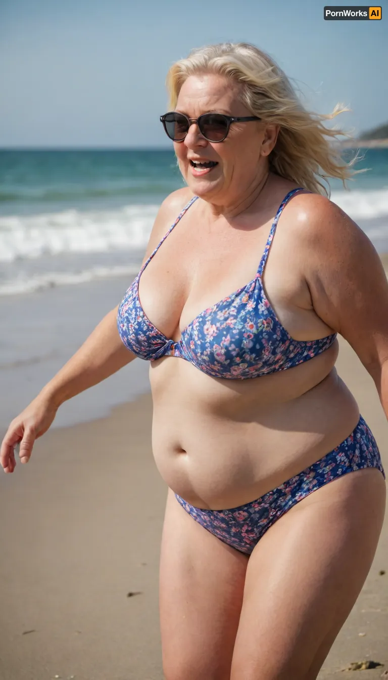 RAW photo, subject, (fine skin detail:1.1), 8k UHD, soft light, high quality, film grain, Fujifilm XT3, dynamic angle, An old blonde granny, fat, obese, Chubby blonde in a bright swimsuit frolicking on the beach, full body photoshoot
