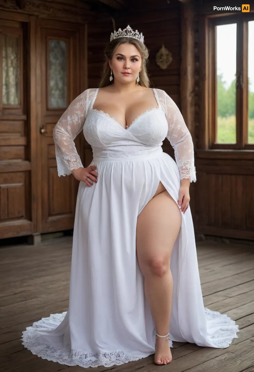 Full body portrait of a Russian beauty oversized bbw milf with oversized thick thighs and large floppy breast, wearing national white costume. Diamond tiara. old russian village, wooden russian houses. lace filigree of bright, rich color. Super clear, high quality, 8k photo. rich on details