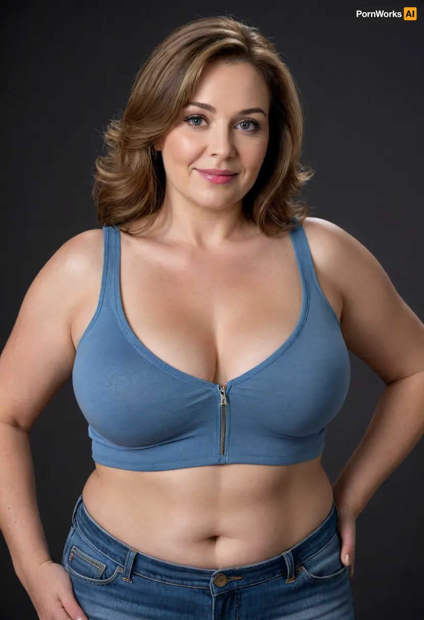 1/3 side view, This striking full-body portrait, meticulously presents a ssbbw mature, fat, FUPA, Armenian, very obese, (chubby), (gilf), 60 years old. Her presence dominates the frame against a stark and unassuming plain black backdrop, ensuring all attention is directed towards her.
Her face is a compelling focal point, showcasing soft, mature features. Her skin has wrinkles, possessing a natural, even complexion that hints at a life well-lived. There are subtle suggestions of maturity around her striking light blue eyes, which are the windows to a confident and knowing gaze directed straight at the viewer. Her facial expression is inviting, marked by a sexy and authentic smile that subtly lifts her big, plump, and juicy lips, teeth showing, lips parted. The contours of her face are soft, lacking harsh lines, contributing to her approachable demeanor.
Framing her face is her long, brunette hair, which cascades over her shoulders with a natural wave. Interspersed within the brunette are distinct and visible streaks of gray, unequivocally signaling her mature age and adding a touch of distinguished elegance to her appearance. Her hair is styled with a simple part slightly to her right, allowing it to fall naturally and frame her face softly. Long hair.
Her body is plump and has a curvaceous figure, obese. Her mature physique is evident in several key areas, wide hips that suggest a feminine silhouette, a noticeable fupa, which is a roll of fat in the upper pubic area, a chubby pelvis, and a plump waist, all contributing to her substantial and womanly form. Her breasts are presented in a realistic manner, appearing saggy due to age and gravity. The thin fabric of her t-shirt allows for the distinct outline of her nipples to be visible, indicating the absence of a bra and adding to the naturalism of the portrayal. Braless.
She is comfortably dressed in a form-fitting, sleeveless v-neck t-shirt in a solid, medium heather gray color. The fabric appears to be a thin cotton material, which subtly clings to her curves, further emphasizing her plump figure. The v-neck cut is notably deep, drawing the viewer's eye to her décolletage, a classic area of mature feminine allure. Below the hem of the t-shirt, the top portion of what seems to be high-waisted blue jeans are unbuttoned and unzipped, open, pubic hair is visible, suggesting a casual yet comfortable style. Her pants are form fitting, providing a slight definition to her ample midsection, and curves. Unzipped jeans.
Her hands are positioned near her breasts, conveying a relaxed and natural posture. On her left hand ring finger, she wears a prominent wedding ring featuring a big, sparkling diamond, blue eyes