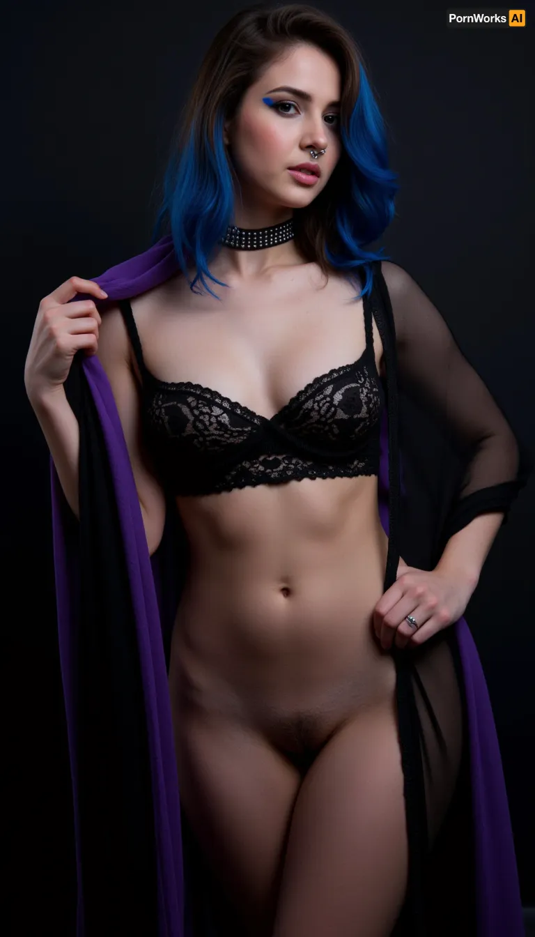 (Masterpiece, 8k, ultra realistic, high quality photography, hdr, High resolution, perfect image composition), A striking portrait of a beautiful busty Pakistani woman with an emo aesthetic, exuding a captivating blend of confidence and vulnerability. She stands against a dark, moody backdrop that contrasts with her vibrant attire, which includes a black choli with intricate silver embroidery that tastefully accentuates her voluptuous figure. The choli is paired with a flowing, sheer dupatta in shades of deep purple and black, which she holds loosely over her shoulders, allowing a hint of her tattooed collarbone to peek through. Her skin is flawlessly fair, complemented by dramatic smokey eye makeup with thick, winged eyeliner that extends into a delicate web of dark lace patterns around her eyes. Her luscious hair is dyed a rich shade of raven black with bold streaks of electric blue, cascading down in soft waves that frame her face and expose a pair of pierced ears adorned with small studs. The woman's expressive eyes are lined with the same vibrant blue, matching her plump, matte-finished lips. She wears a studded black choker necklace that sits elegantly on her neck, drawing attention to her ample cleavage. The lighting in the photograph is dim, yet it highlights the sharpness of her nose ring and the subtle glint of the stud in her left nostril. Her posture is a mix of defiance and grace, with one hand resting on her hip and the other playing with the ends of her dupatta. Despite the edgy vibe of her outfit and makeup, there's a softness in her gaze, hinting at a complex and layered personality beneath the surface of her emo exterior. Her stance and the tilt of her head suggest she is lost in thought or contemplating the world around her, inviting viewers to wonder about her story and the emotions that lie within