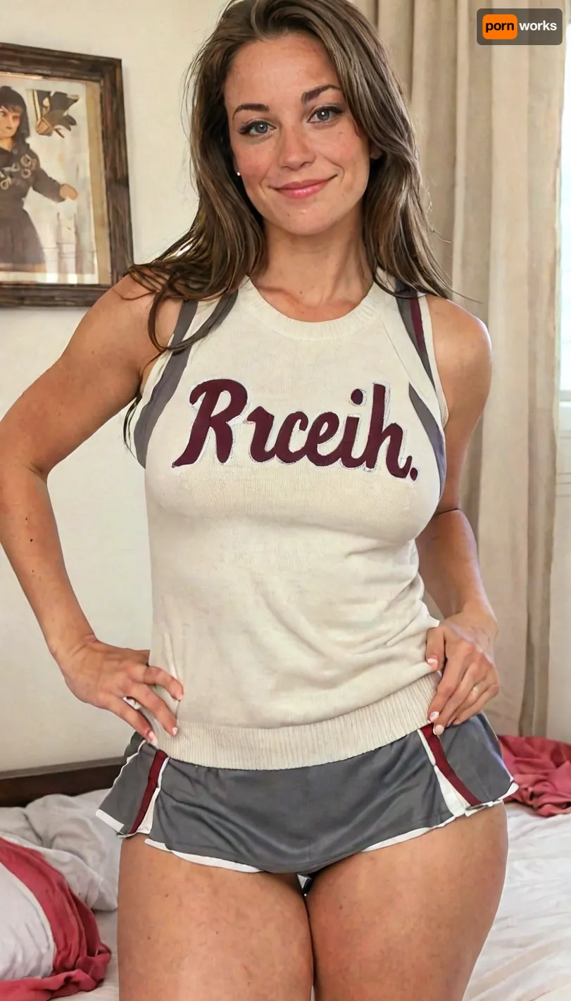 A beautiful MILF demonstrates how well her high school cheerleader uniform still fits her, candid photo of 45-year-old mother in the bedroom, wearing a high school cheerleader outfit consisting of a very tight sleeveless sweater and a miniskirt, breasts are snugly covered by sweater, overflowing breasts, intimate pose, slender, large natural sagging breasts, pokies, brown hair with dark gray highlights, natural skin with blemishes and wrinkles, freckles, tan lines, shy smile, makeup, liminal flirtation, beautiful, full body shot, show head to thighs, braless, Wearing, clothes, that, make, sense, with, Braless>, <lora:MJ52:1>, <lora:bralessSDXL_v1_00022:.3>