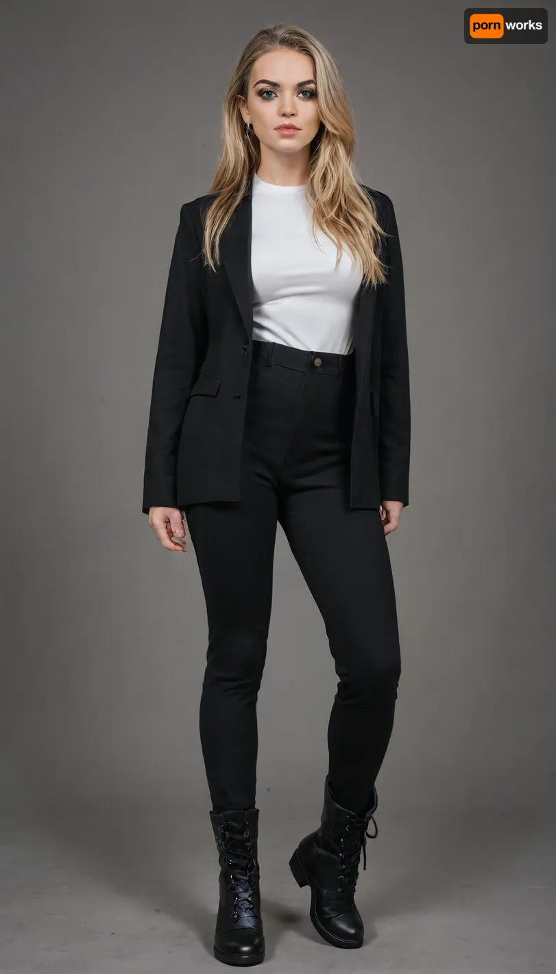 cute beautiful athletic girl, with long hair, blonde, bright makeup, dressed in a dark jacket, white shirt, dark trousers, ankle boots, stands in a defiant pose, realistic, long athletic legs, narrow hips, bright sunny day, aesthetically pleasing, professional photo